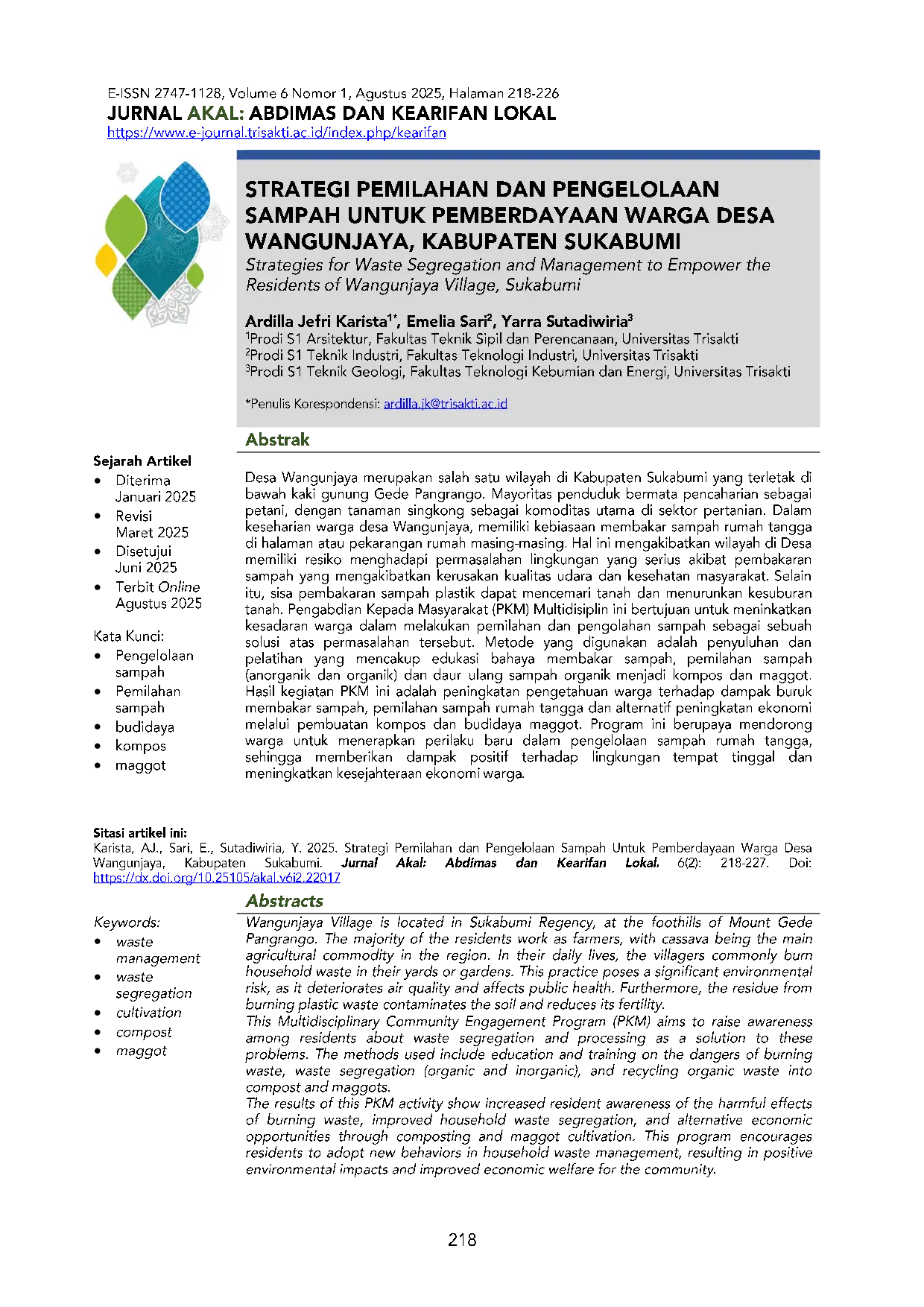 JURIS Strategi Pemilahan dan Pengelolaan Sampah untuk Pemberdayaan Warga Desa Wangunjaya Kabupaten Sukabumi