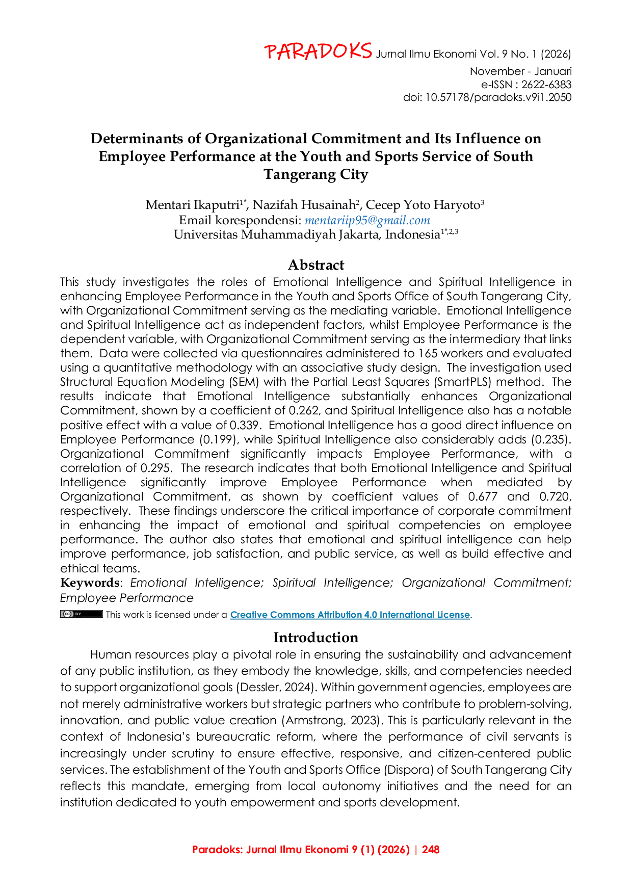 JURIS Determinants of Organizational Commitment and Its Influence on Employee Performance at the Youth and Sports Service of South Tangerang City