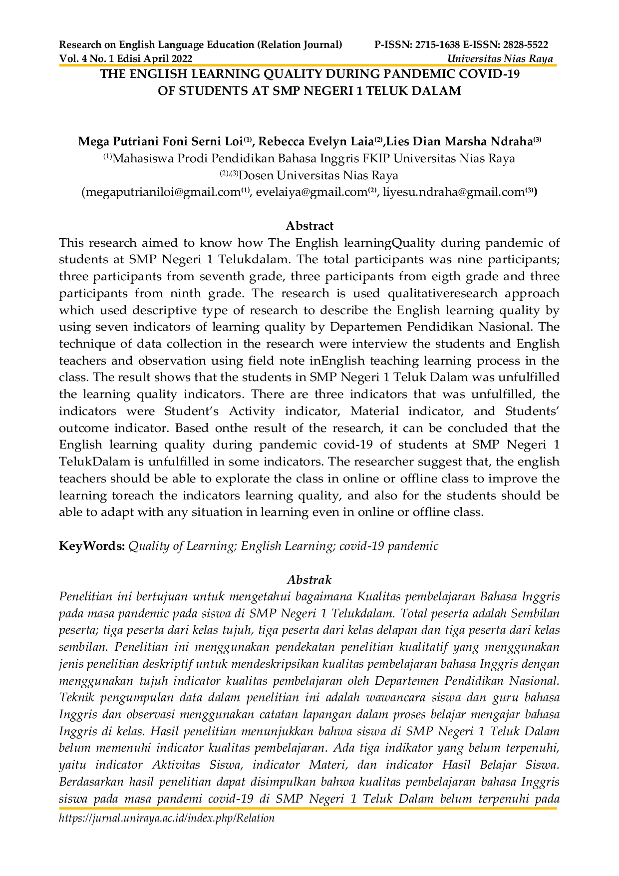 JURIS The English Learning Quality During Pandemic Covid 19 of Students at SMP Negeri 1 Teluk Dalam