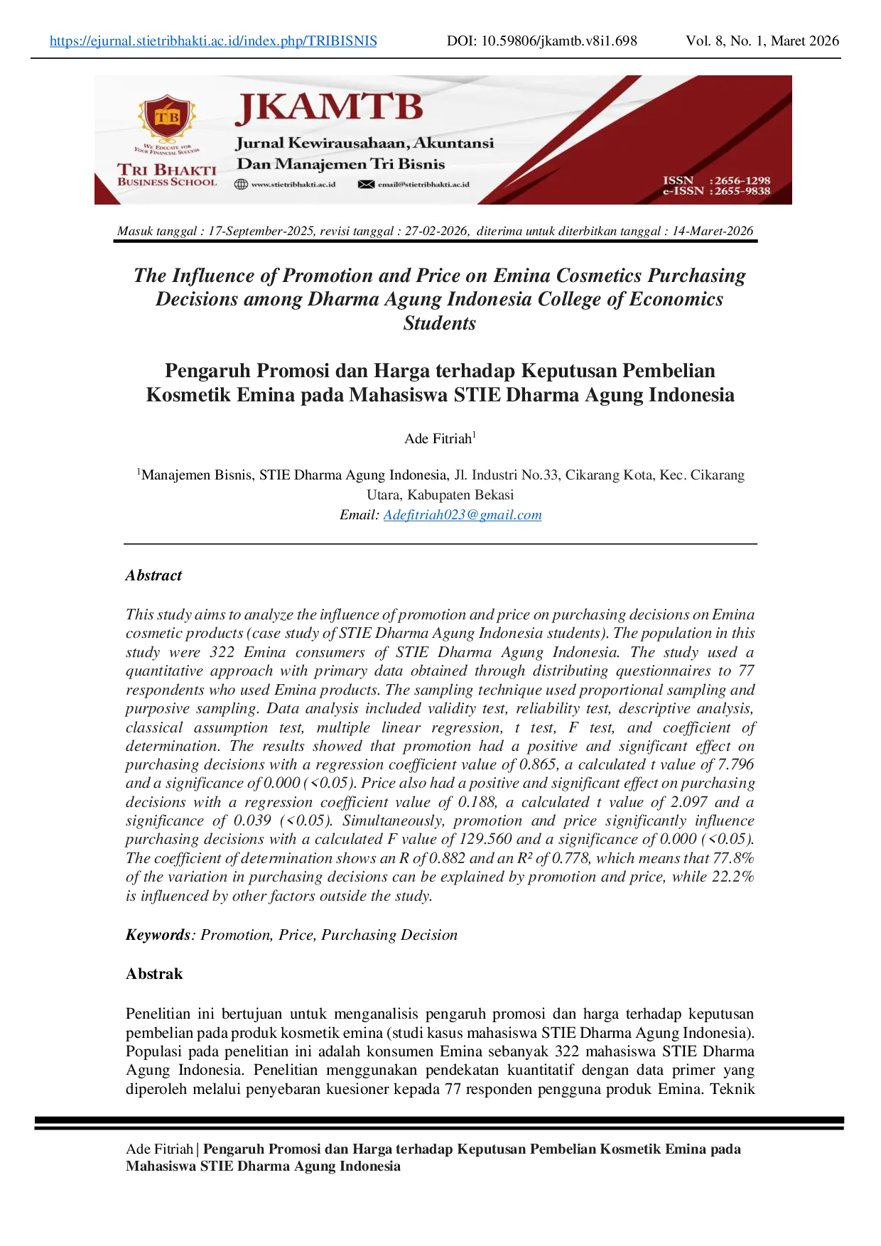 JURIS The Influence of Promotion and Price on Emina Cosmetics Purchasing Decisions among Dharma Agung Indonesia College of Economics Students