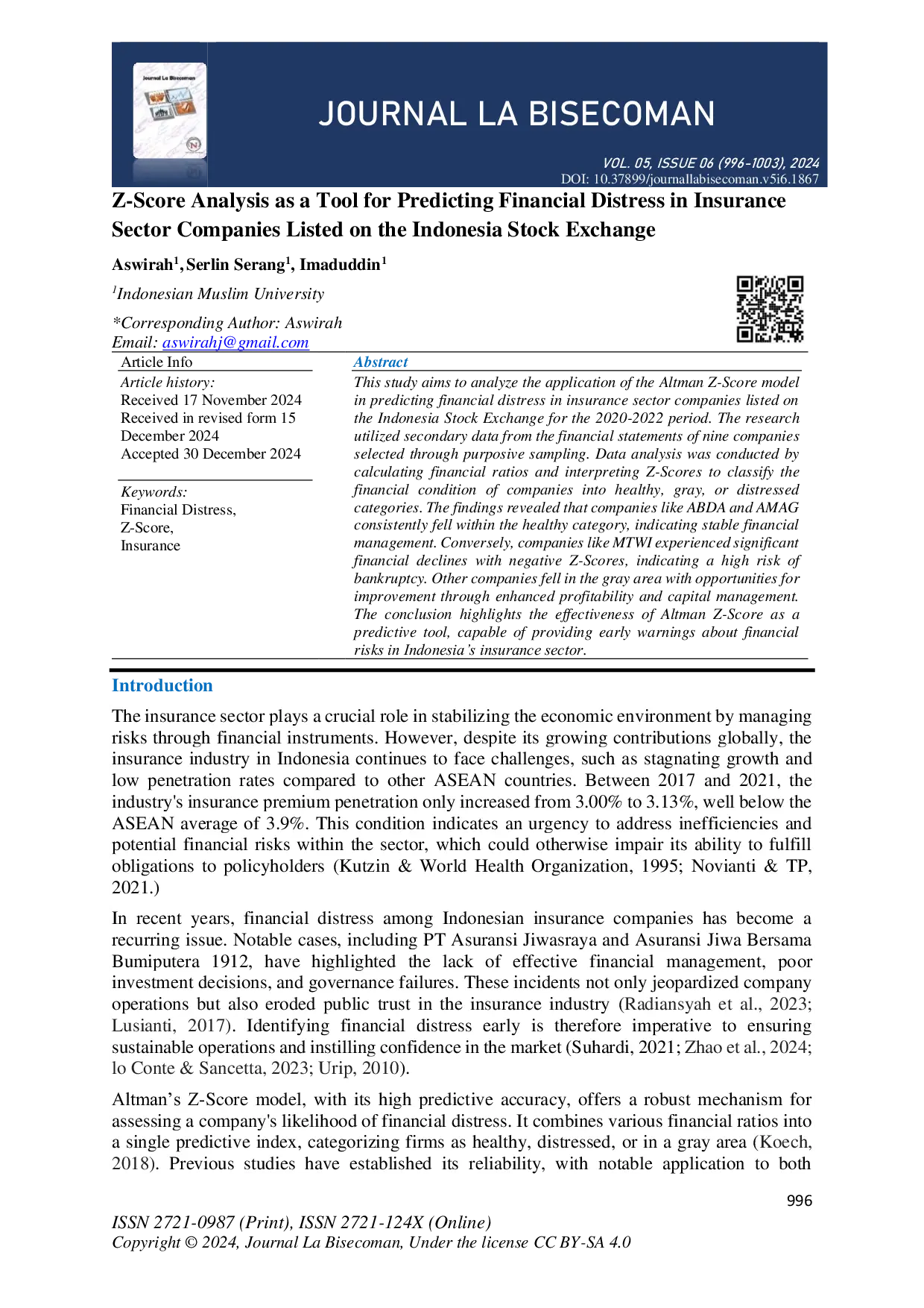 JURIS Z Score Analysis as a Tool for Predicting Financial Distress in Insurance Sector Companies Listed on the Indonesia Stock Exchange