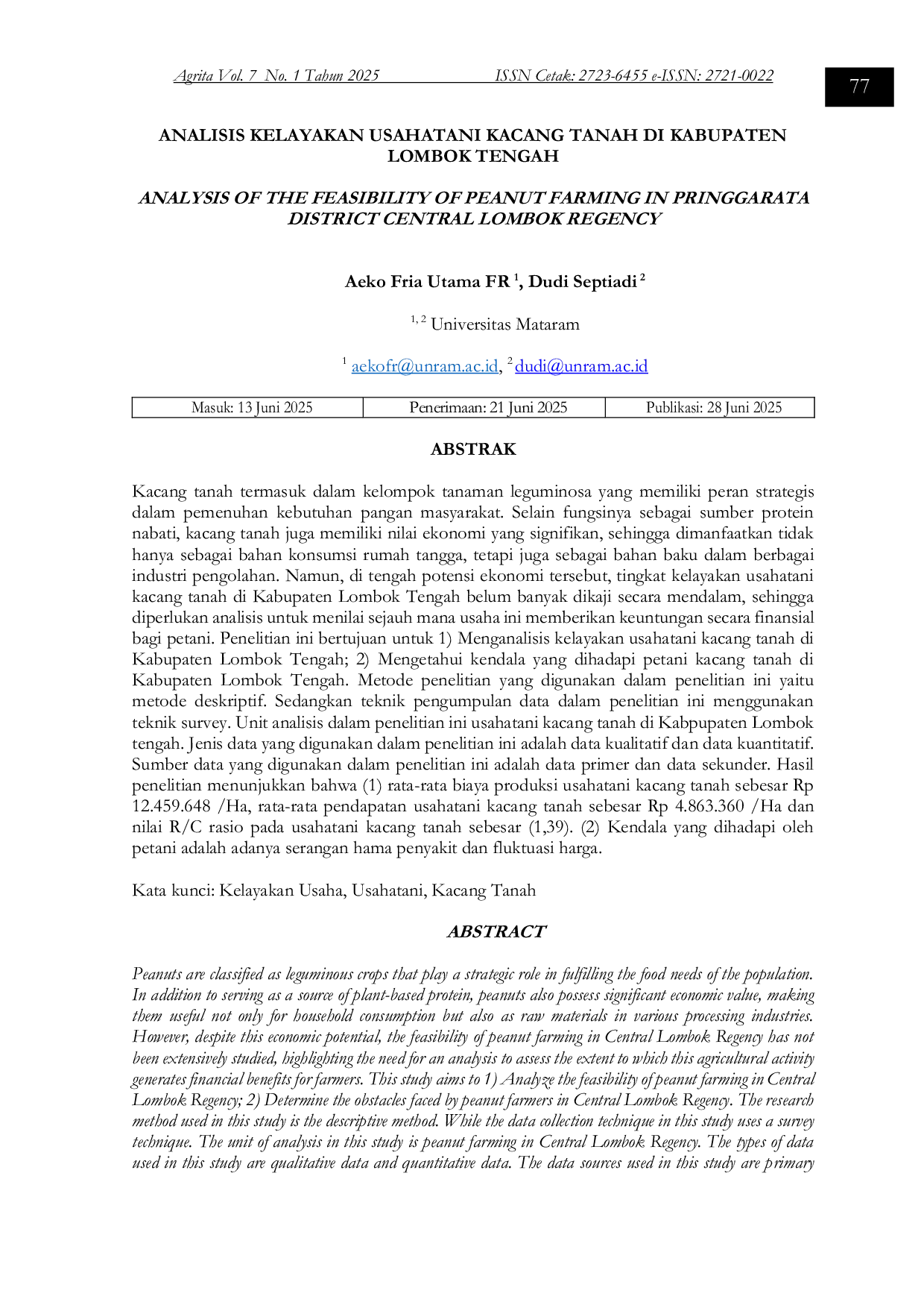 JURIS Analisis Kelayakan Usahatani Kacang Tanah Di Kabupaten Lombok Tengah