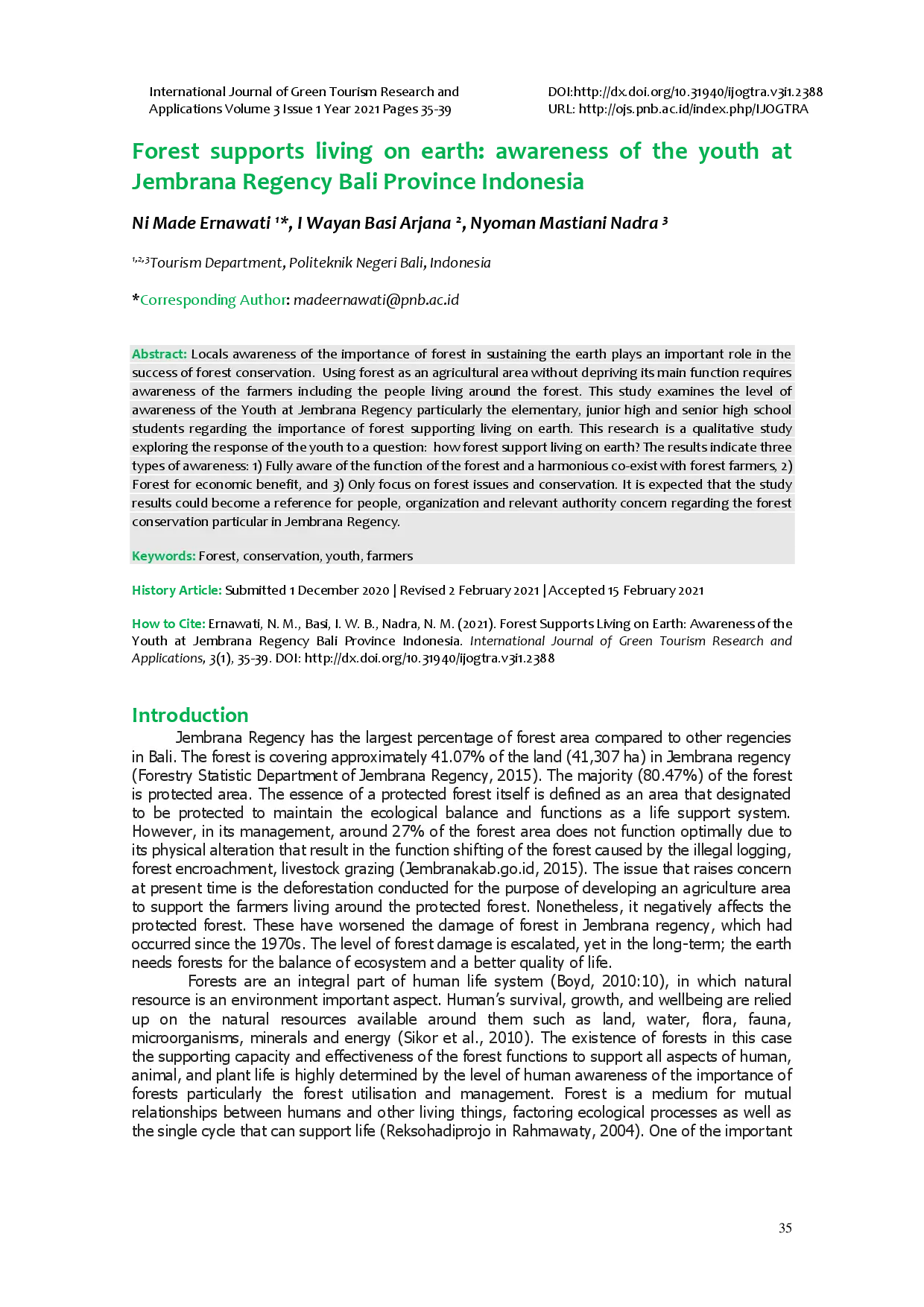 juris Forest Supports Living on Earth Awareness of the Youth at Jembrana Regency Bali Province Indonesia