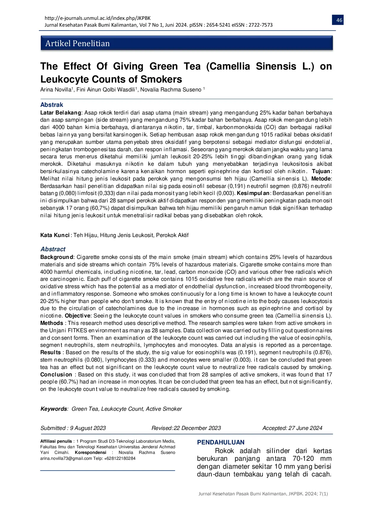 JURIS The Effect Of Giving Green Tea Camellia Sinensis L on Leukocyte Counts of Smokers