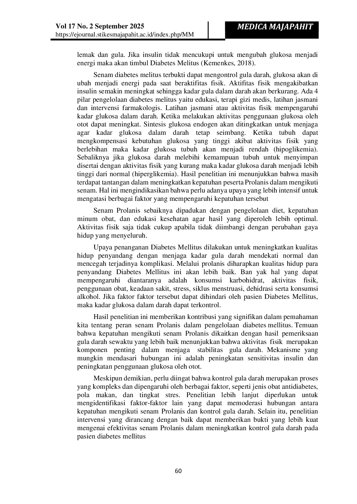 JURIS Pengaruh Senam Prolanis Terhadap Kadar Gula Darah Pada Pasien Diabetes Mellitus Tipe 2