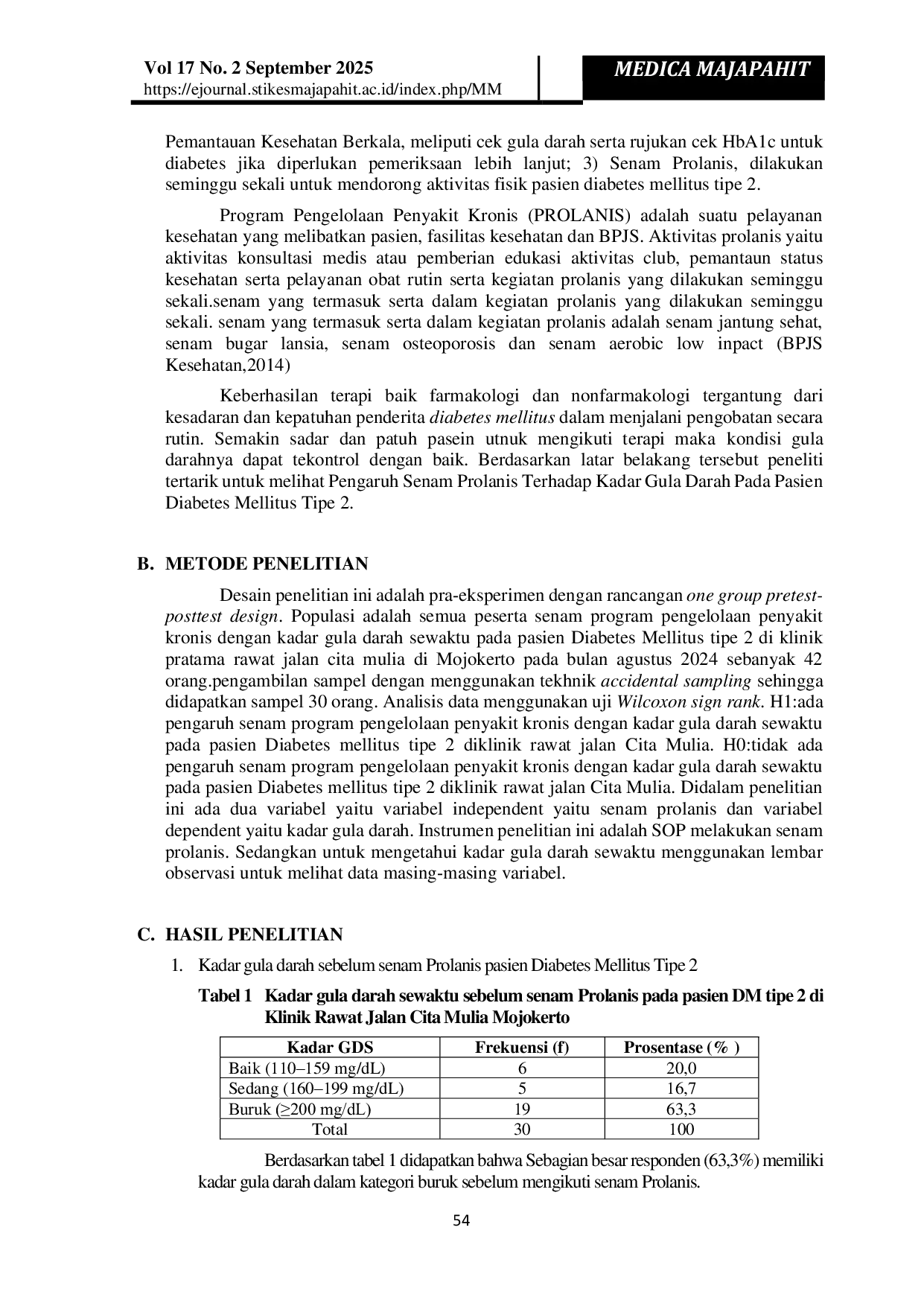 JURIS Pengaruh Senam Prolanis Terhadap Kadar Gula Darah Pada Pasien Diabetes Mellitus Tipe 2