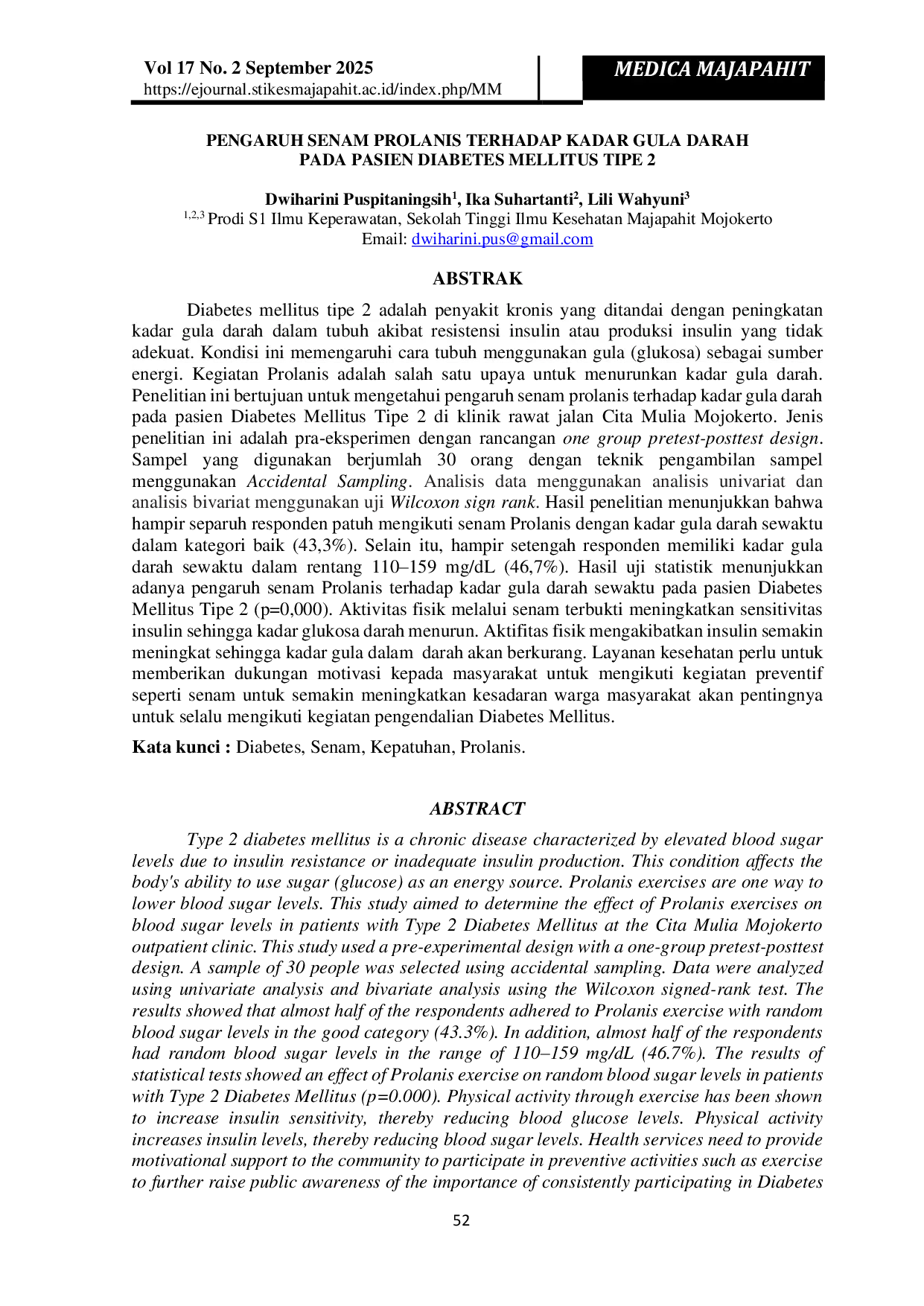 JURIS Pengaruh Senam Prolanis Terhadap Kadar Gula Darah Pada Pasien Diabetes Mellitus Tipe 2