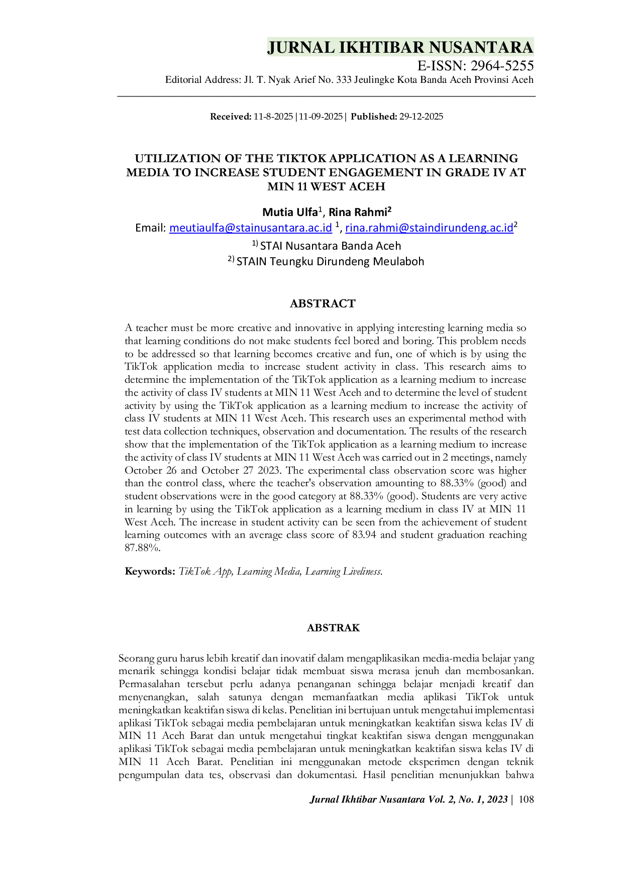 JURIS Utilization Of The Tiktok Application As A Learning Media To Increase Student Engagement In Grade Iv At Min 11 West Aceh