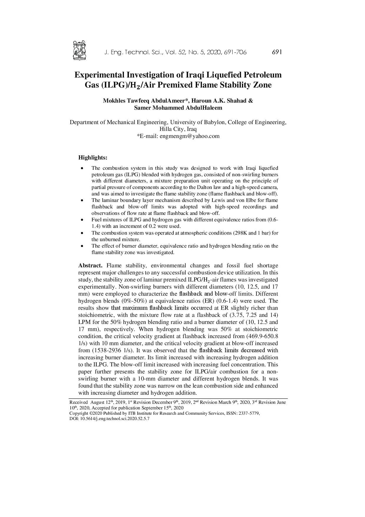 juris Experimental Investigation of LPG H2 Air Premixed Flame Stability Zone
