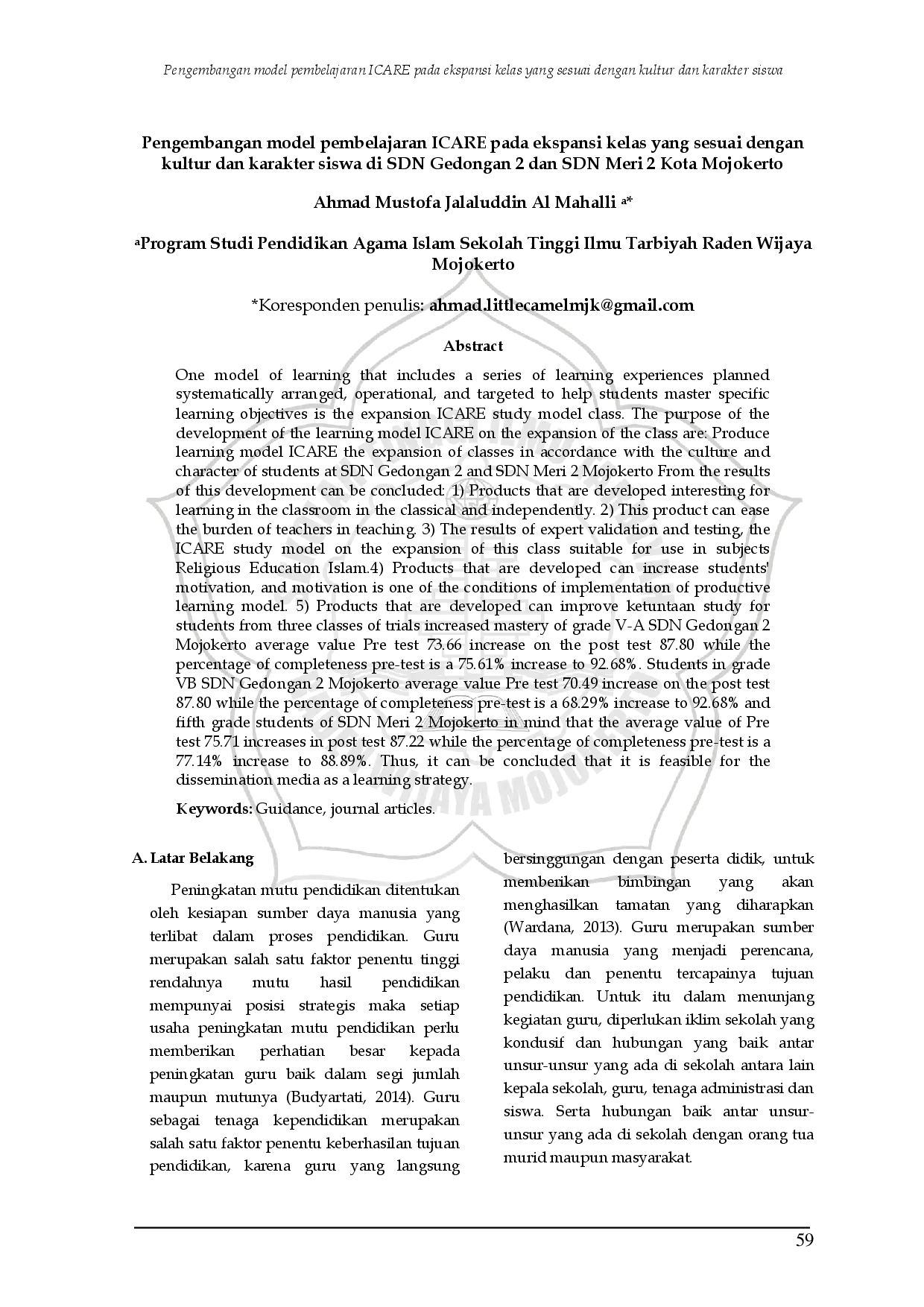 juris Pengembangan model pembelajaran ICARE pada ekspansi kelas yang sesuai dengan kultur dan karakter siswa di SDN Gedongan 2 dan SDN Meri 2 Kota Mojokerto