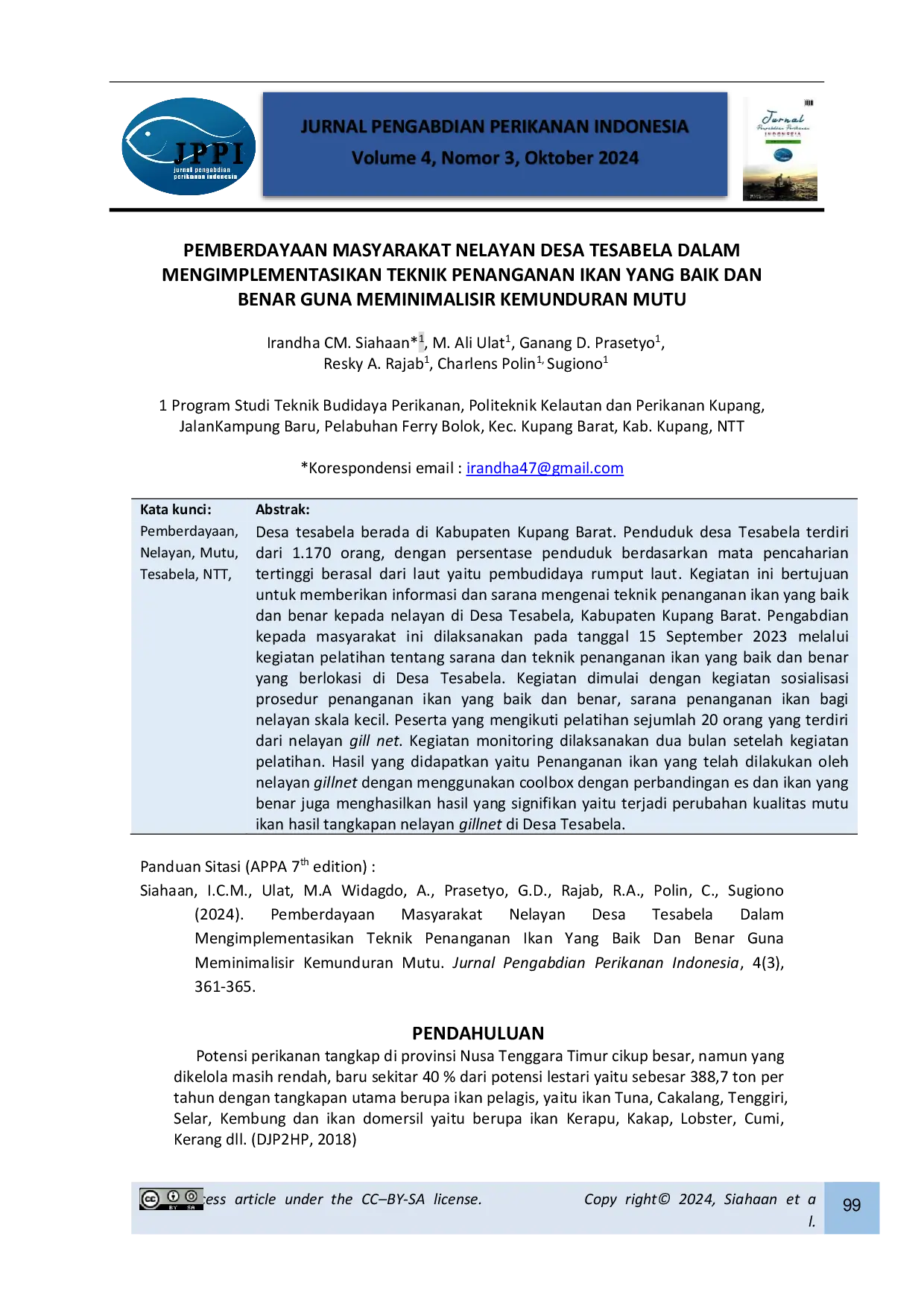 JURIS Pemberdayaan Masyarakat Nelayan Desa Tesabela Dalam Mengimplementasikan Teknik Penanganan Ikan Yang Baik Dan Benar Guna Meminimalisir Kemunduran Mutu