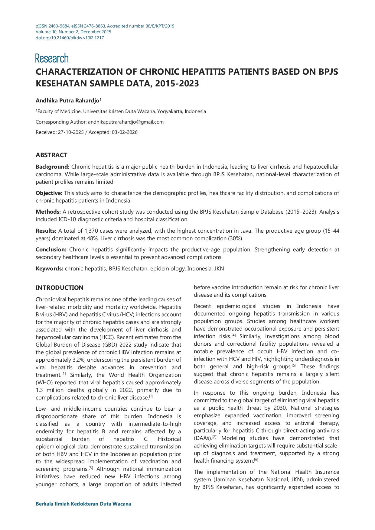 JURIS Characterization Of Chronic Hepatitis Patients Based On BPJS Kesehatan Sample Data 2015 2023