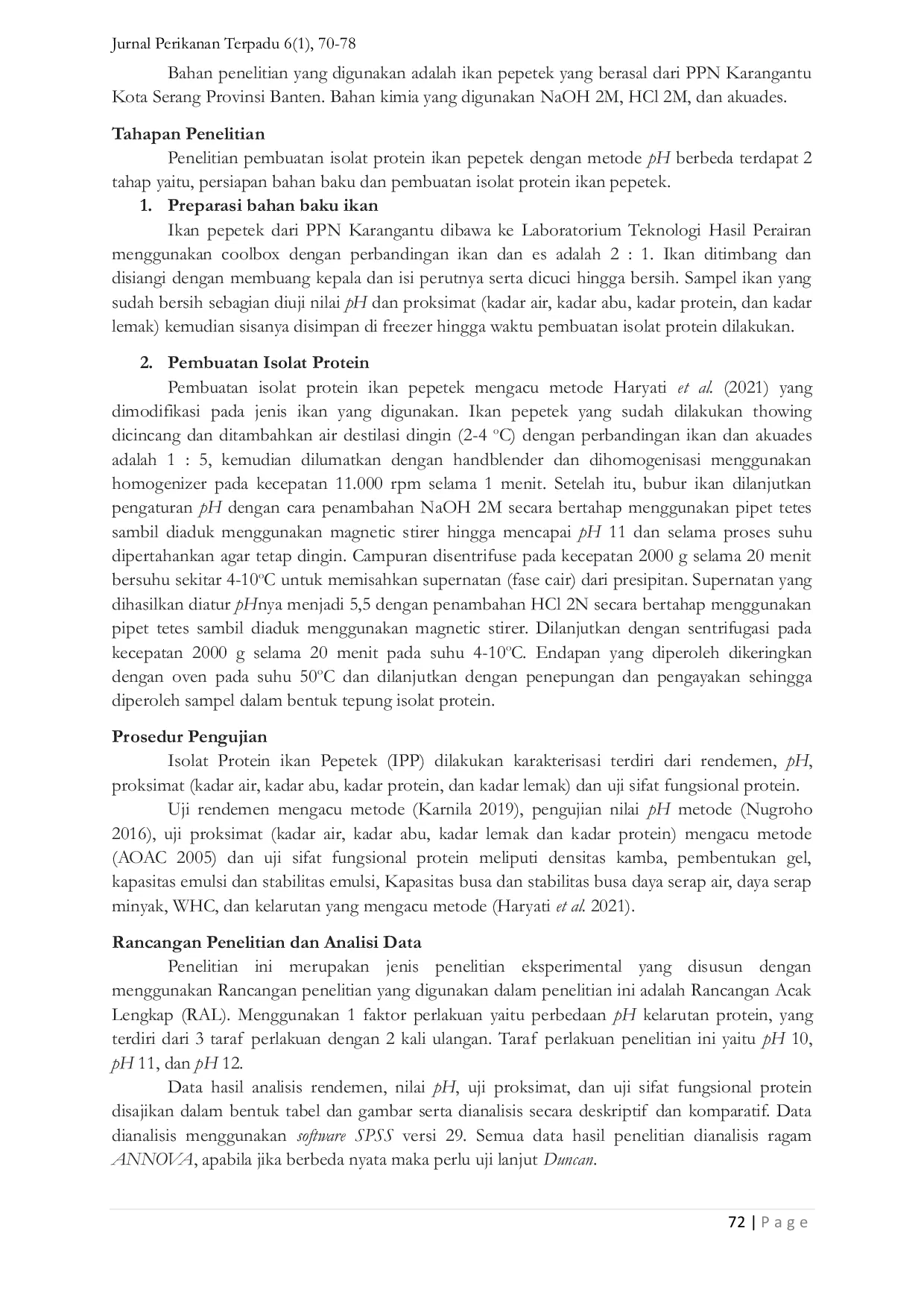 JURIS Characteristics of the Functional Properties of Pepetek Fish Protein Isolate Leiognathus sp with different pH treatments