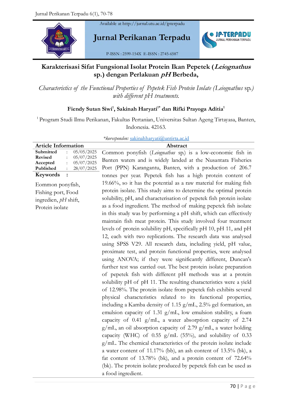 JURIS Characteristics of the Functional Properties of Pepetek Fish Protein Isolate Leiognathus sp with different pH treatments