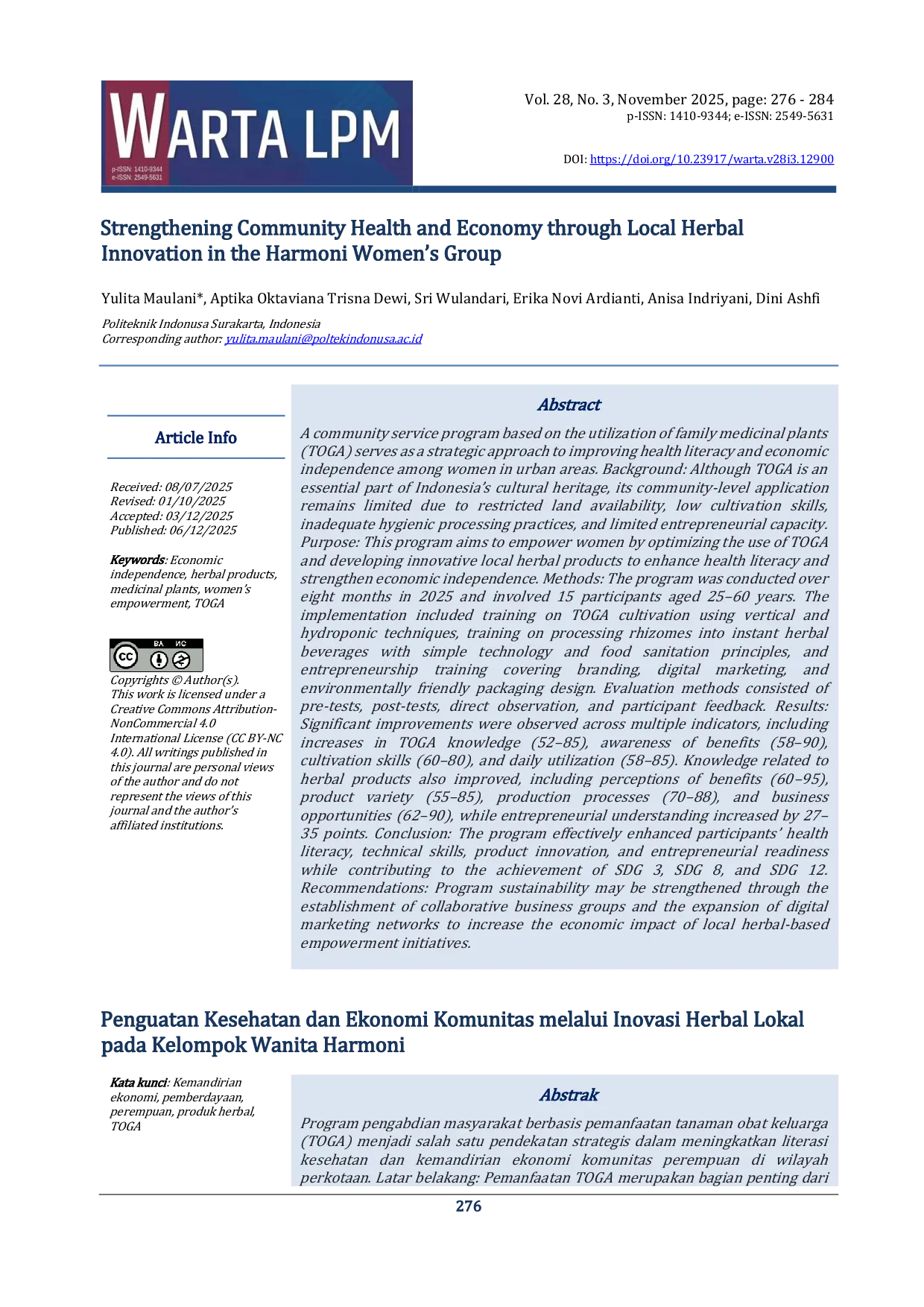 JURIS Strengthening Community Health and Economy through Local Herbal Innovation in the Harmoni Women s Group