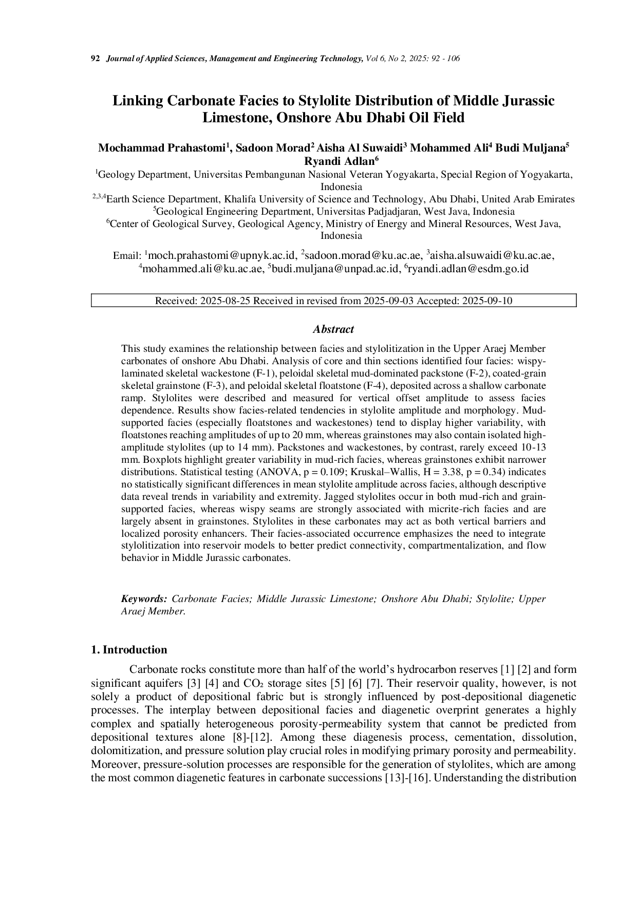JURIS Linking Carbonate Facies to Stylolite Distribution of Middle Jurassic Limestone Onshore Abu Dhabi Oil Field