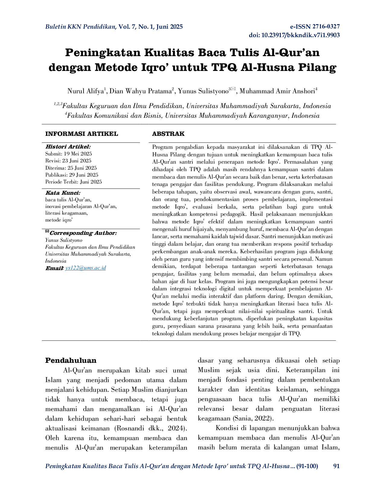 JURIS Peningkatan Kualitas Baca Tulis Al Qur an dengan Metode Iqro untuk TPQ Al Husna Pilang