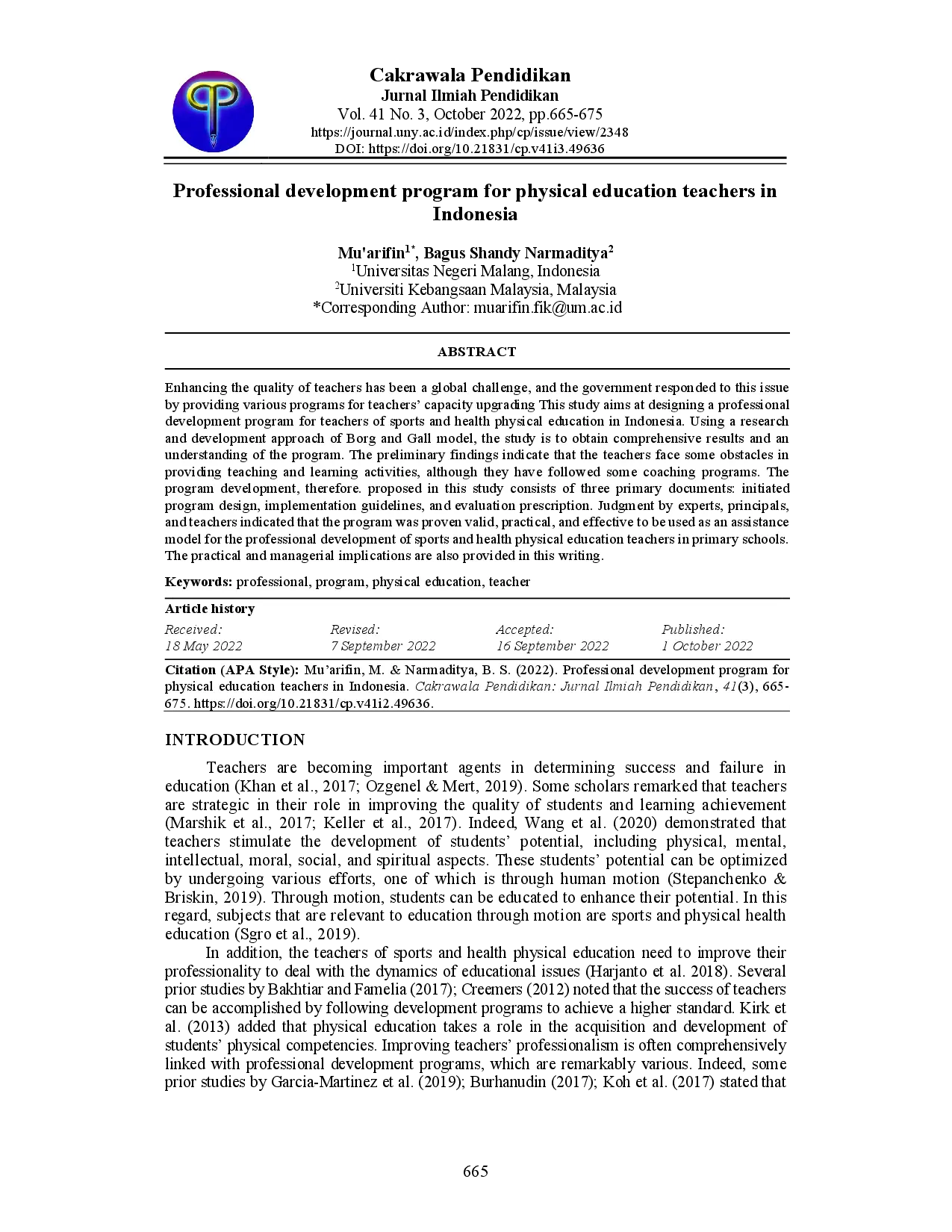 juris Professional development program for physical education teachers in Indonesia