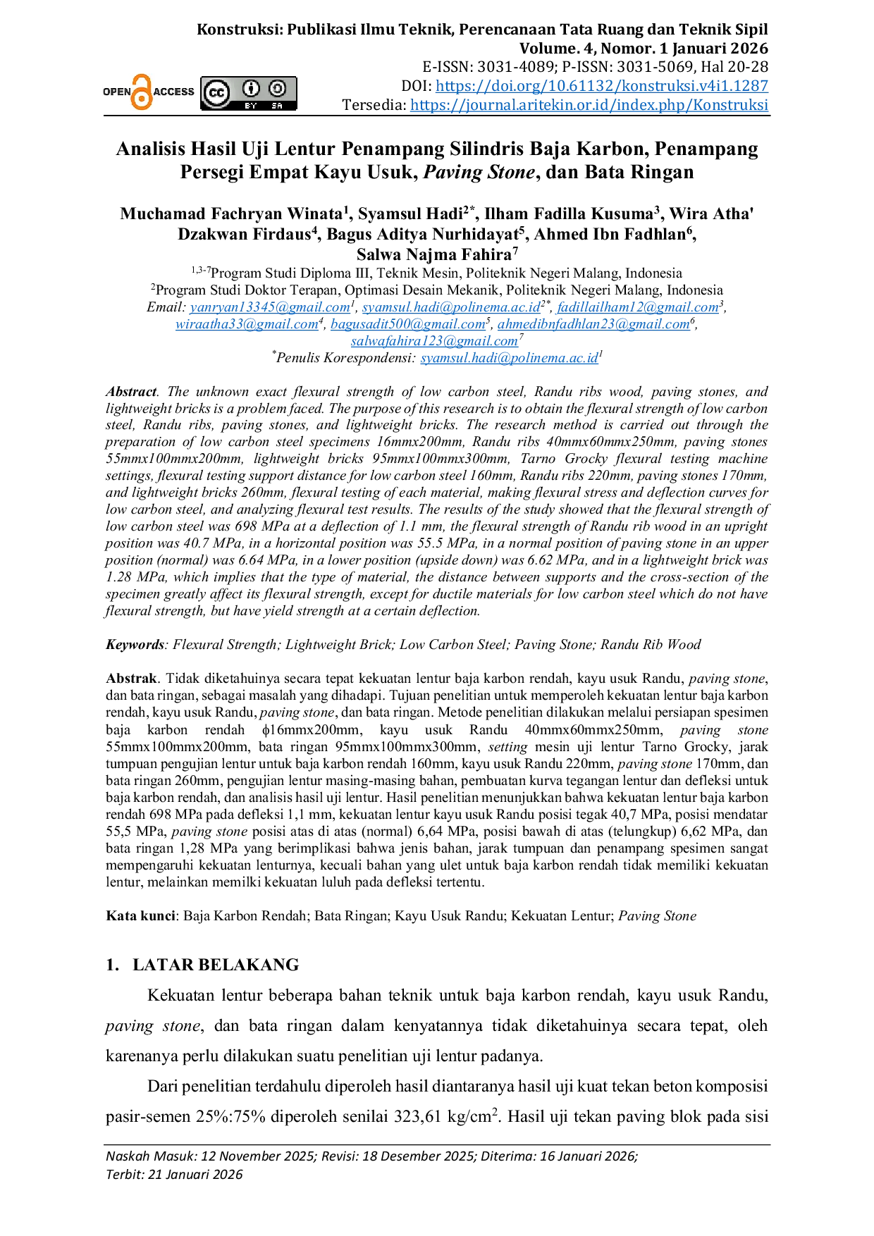 JURIS Analisis Hasil Uji Lentur Penampang Silindris Baja Karbon Penampang Persegi Empat Kayu Usuk Paving Stone dan Bata Ringan