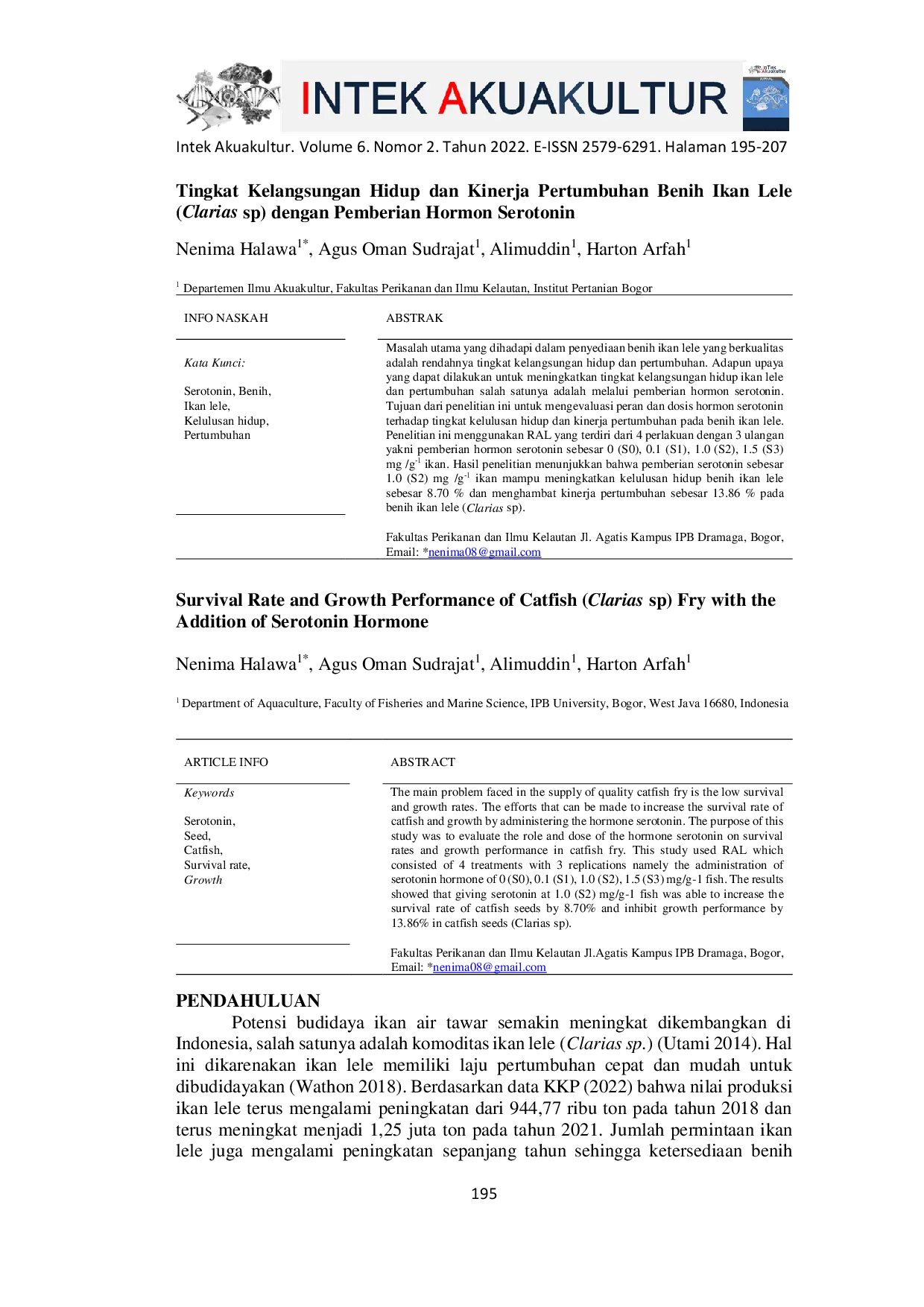 JURIS Tingkat Kelangsungan Hidup dan Kinerja Pertumbuhan Benih Ikan Lele Clarias sp dengan Pemberian Hormon Serotonin