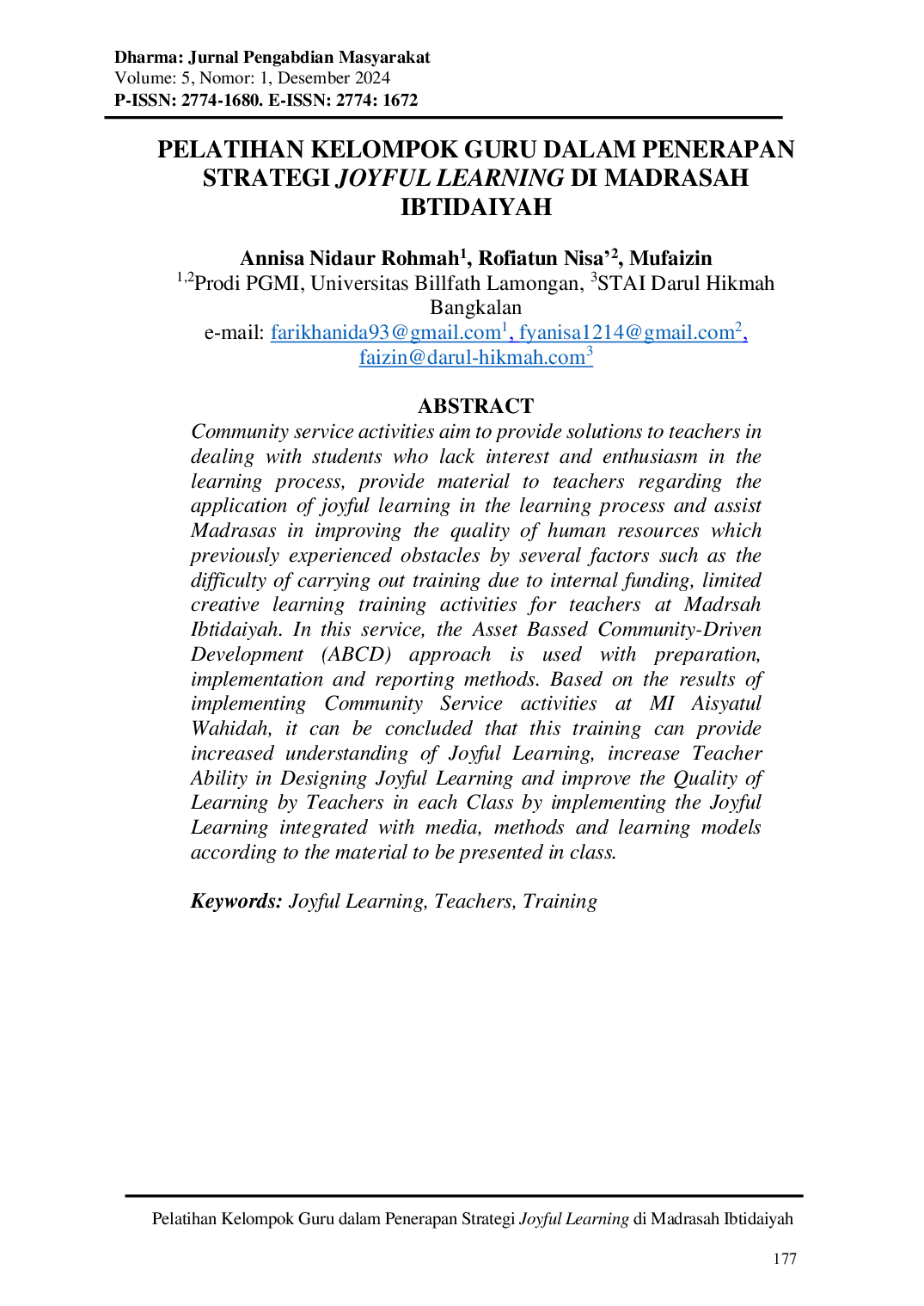 JURIS Pelatihan Kelompok Guru dalam Penerapan Strategi Joyful Learning di Madrasah Ibtidaiyah