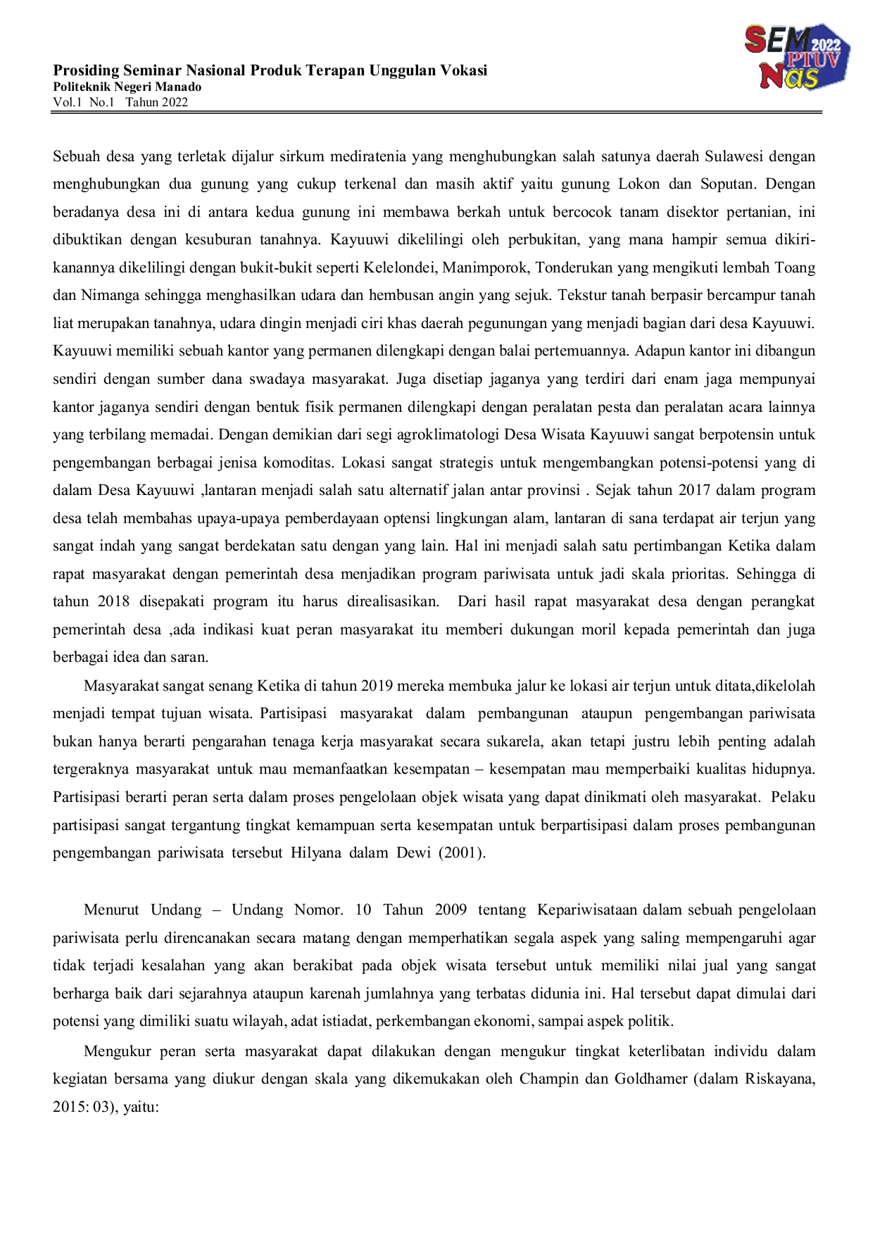 JURIS Tingkat Partisipasi Masyarakat Dalam Menunjang Desa Wisata Kayuuwi Kecamatan Kawangkoan Barat Kabupaten Minahasa