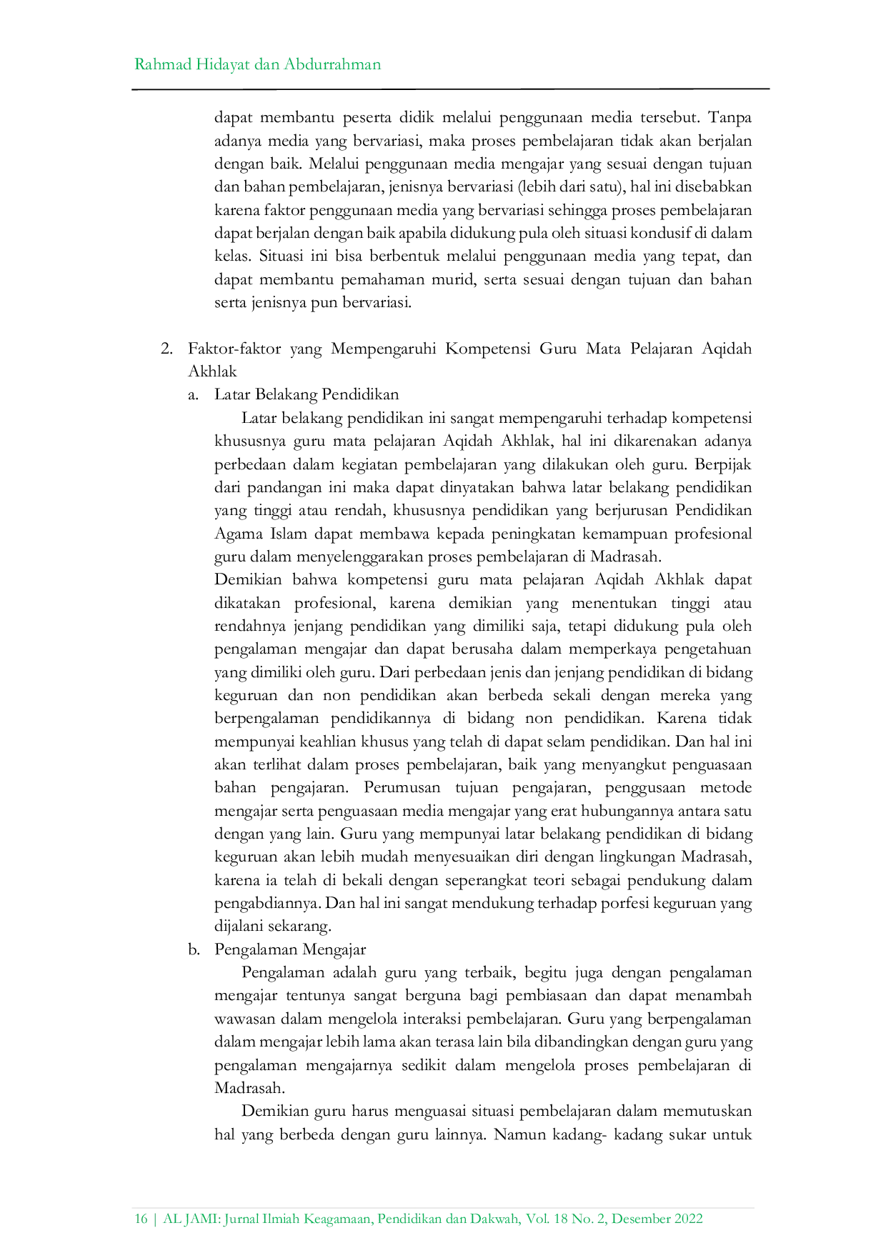 JURIS Kompetensi Guru Mata Pelajaran Aqidah Akhlak pada Madrasah Aliyah Negeri 2 Barito Kuala