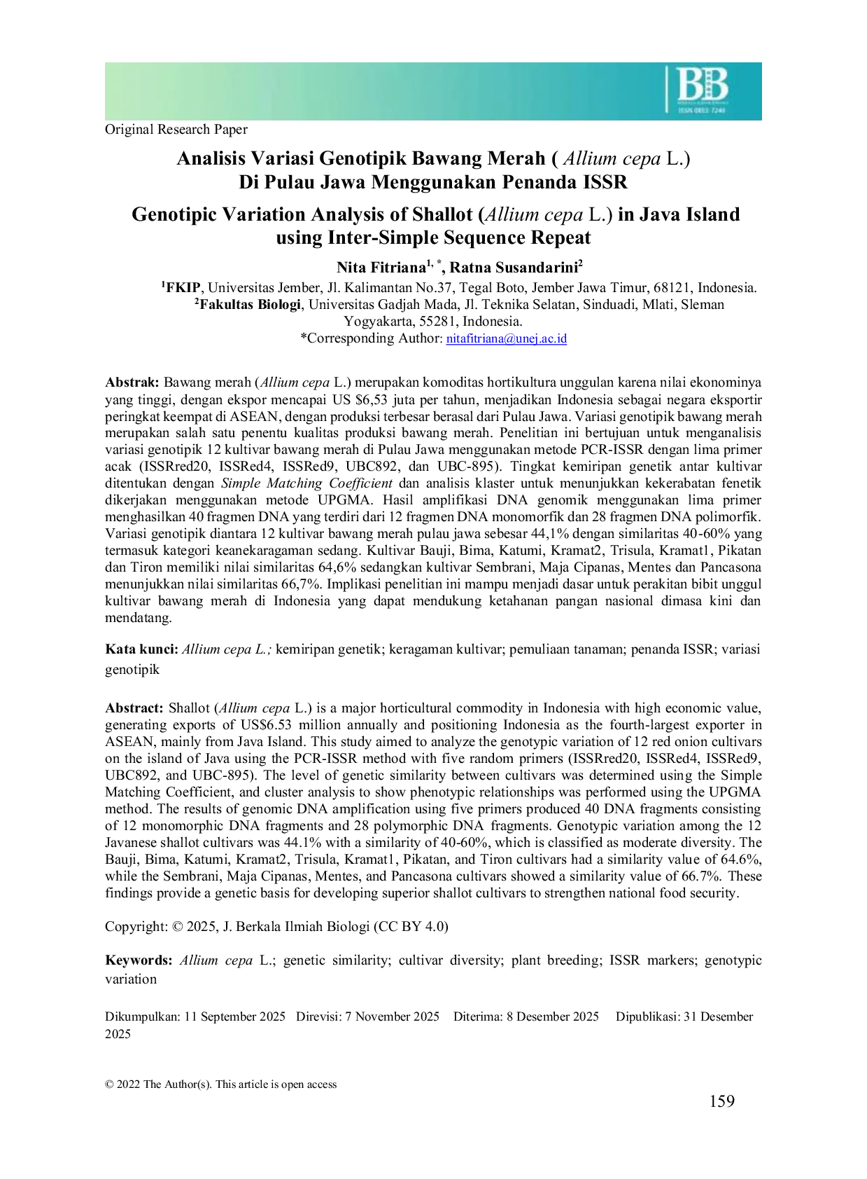 JURIS Analisis Variasi Genotipik Bawang Merah Allium cepa L Di Pulau Jawa Menggunakan Penanda ISSR