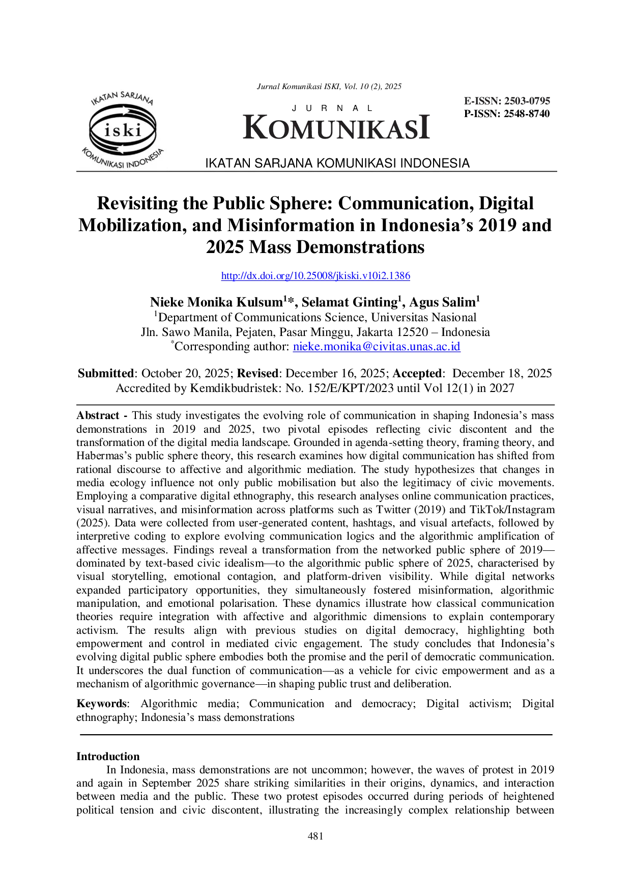 JURIS Revisiting the Public Sphere Communication Digital Mobilization and Misinformation in Indonesia s 2019 and 2025 Mass Demonstrations