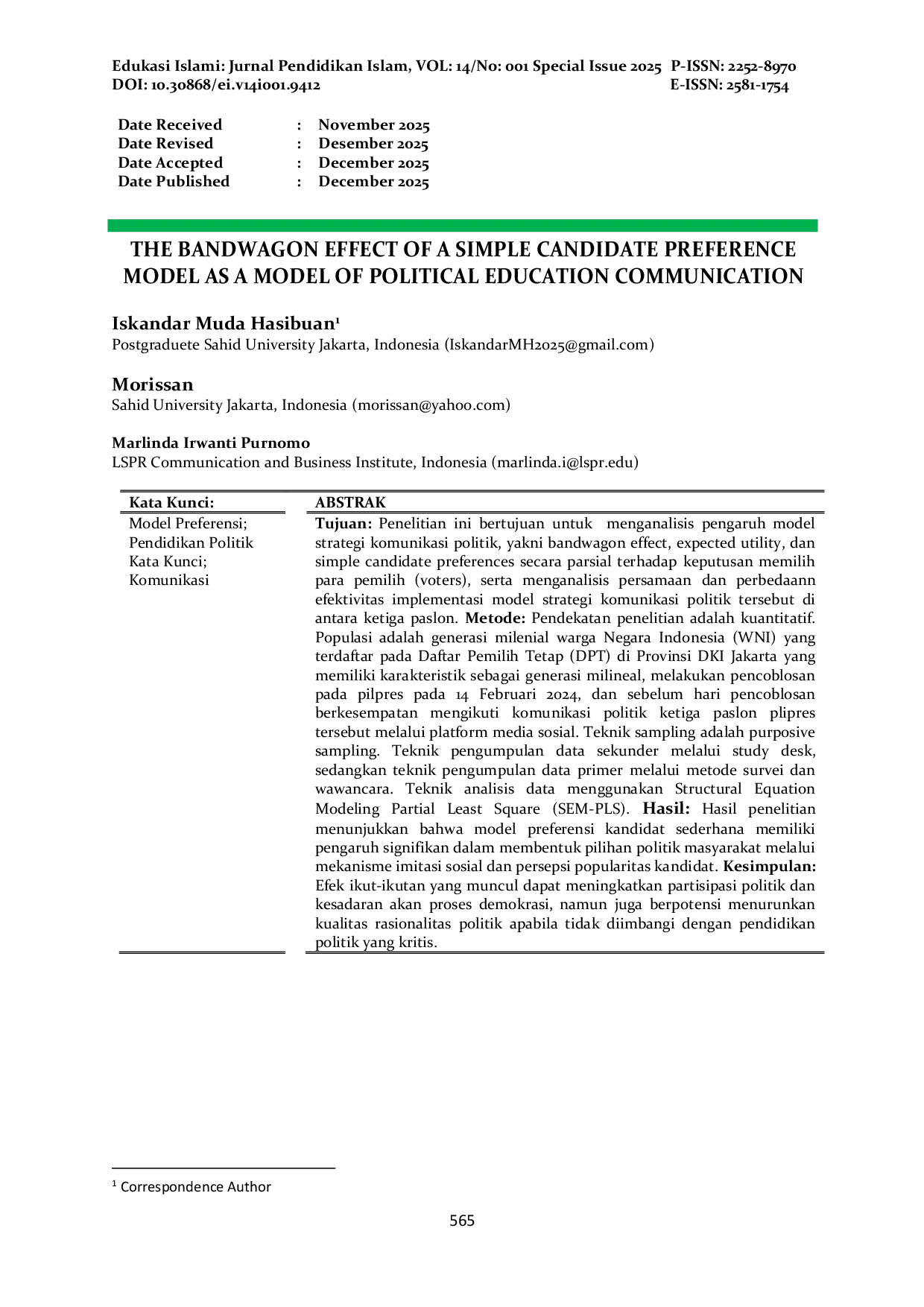 JURIS The Bandwagon Effect of a Simple Candidate Preference Model as a Model of Political Education Communication