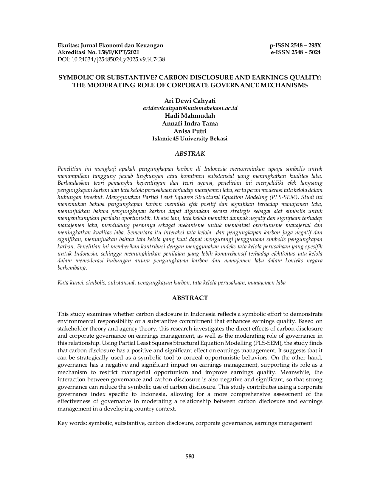 JURIS Symbolic or Substantive Carbon Disclosure and Earnings Quality The Moderating Role of Corporate Governance Mechanisms