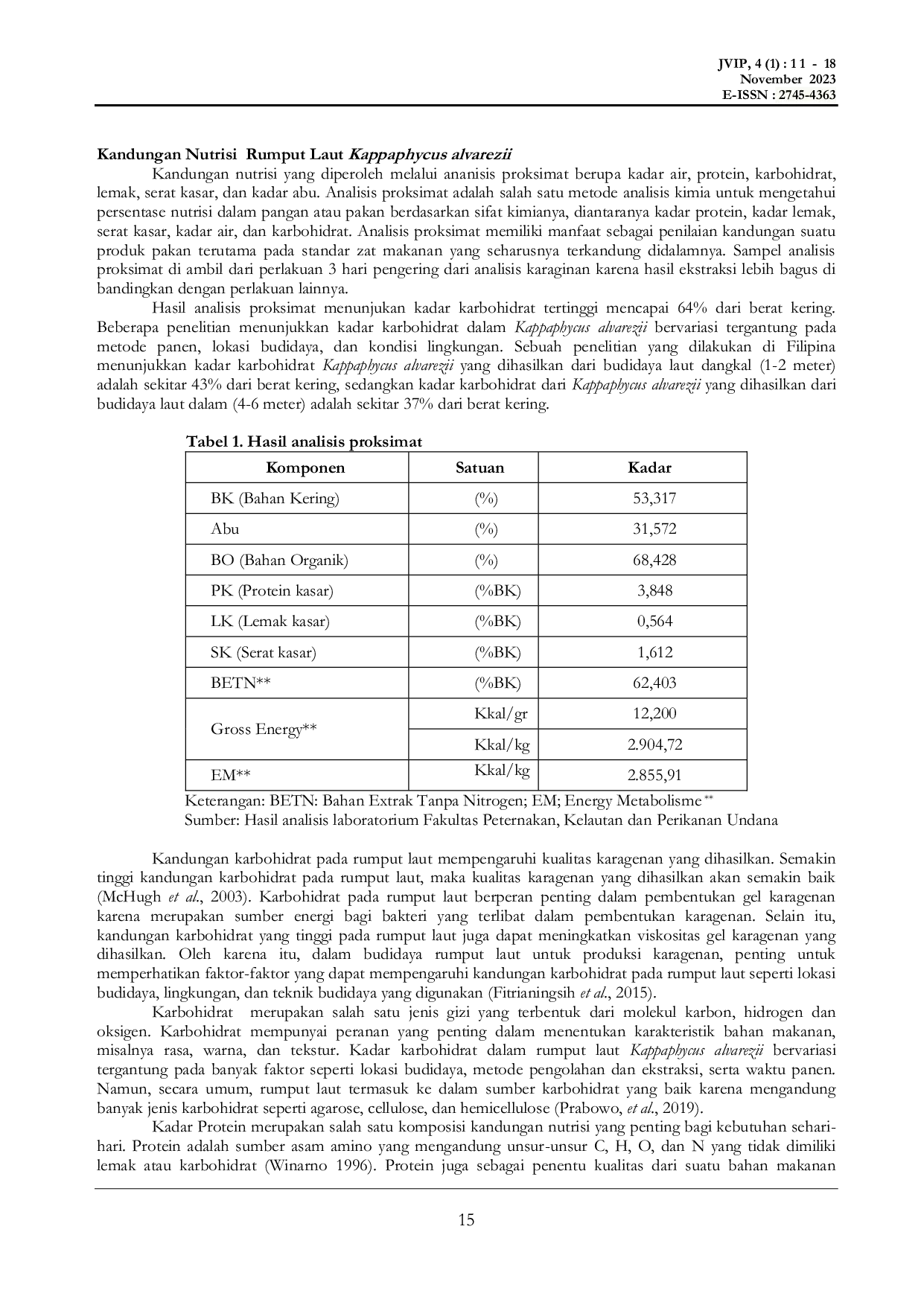 JURIS Kandungan Nutrisi dan karaginan Rumput Laut Kappaphycus alvarezii dari Perairan Semau Kabupaten Kupang