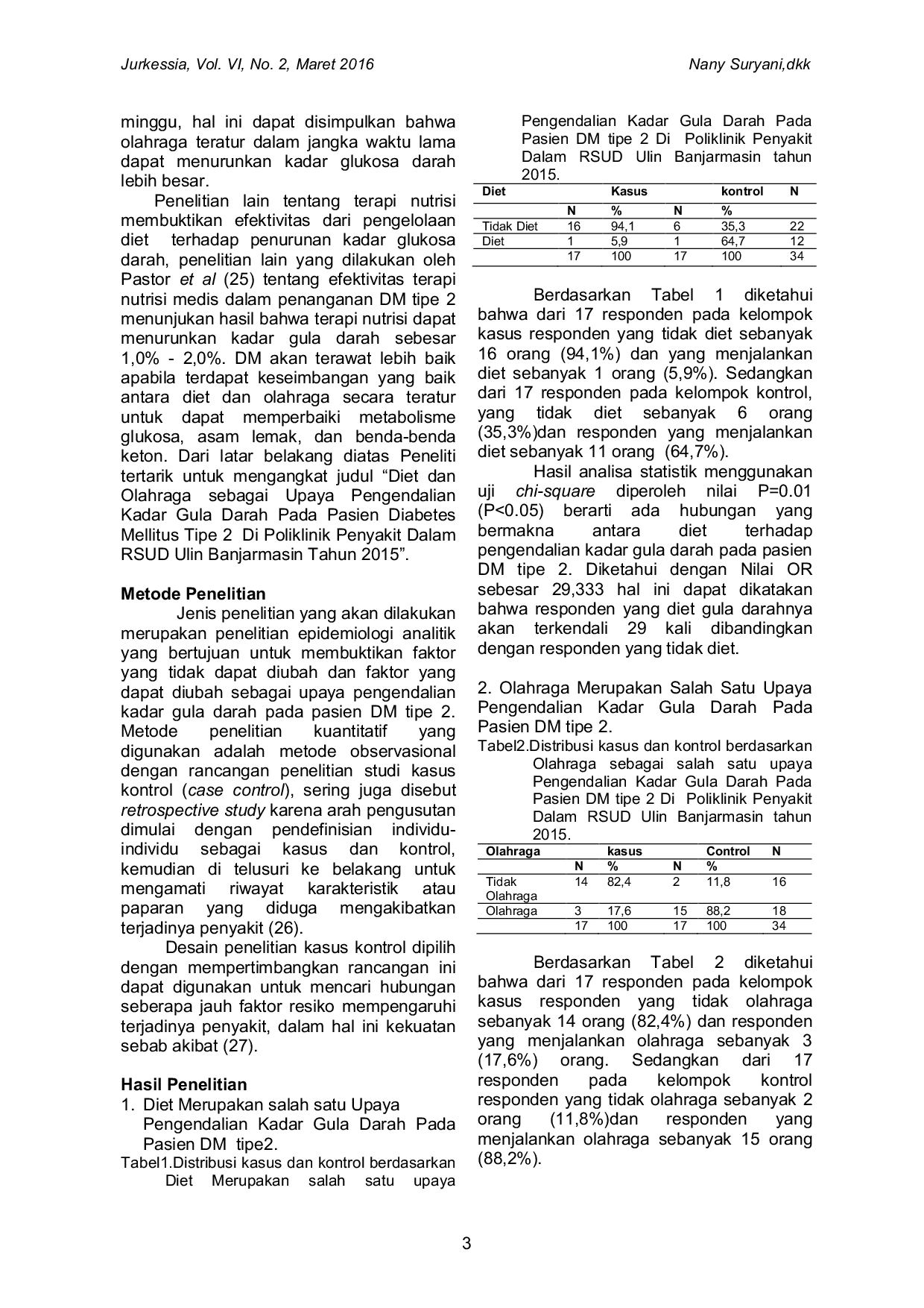 JURIS Diet And Exercise As An Effort To Control Blood Sugar Levels In Patients With Type 2 Diabetes Mellitus Disease In Ulin Hospital Banjarmasin 2015