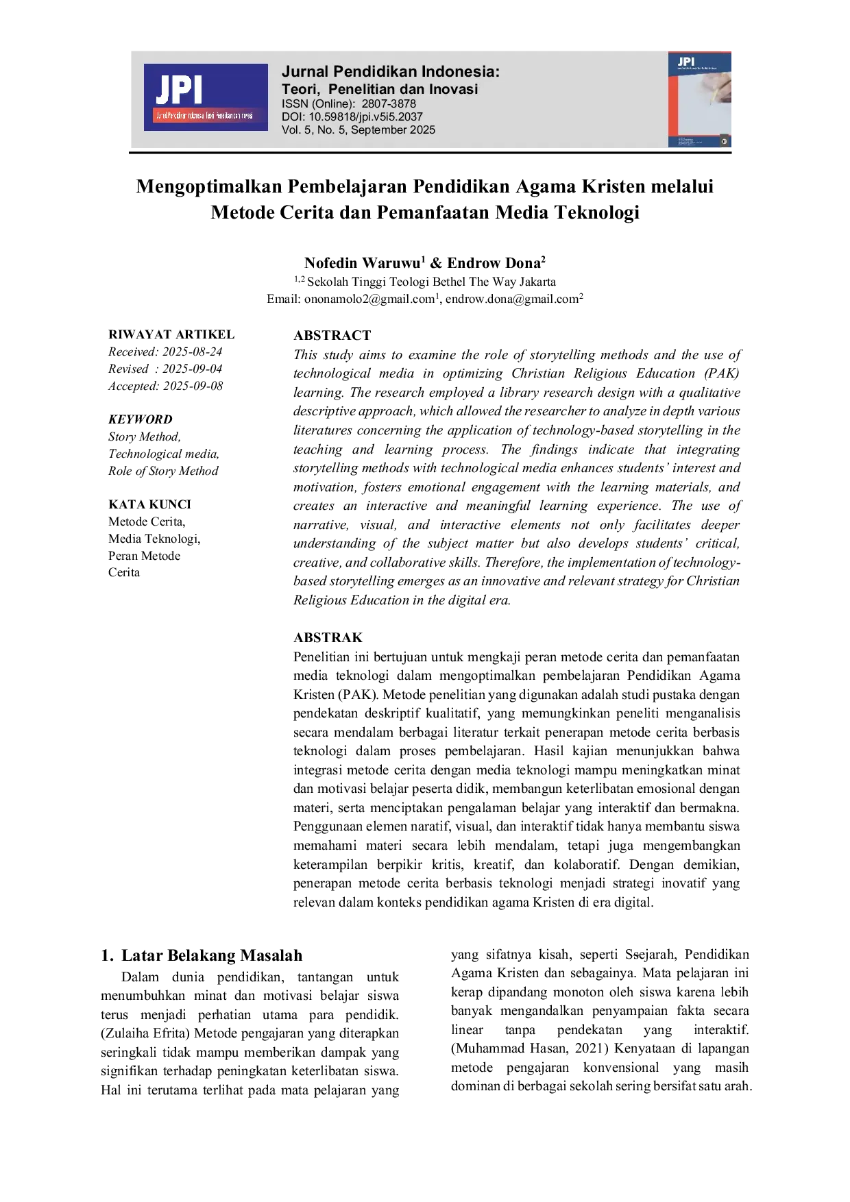 JURIS Mengoptimalkan Pembelajaran Pendidikan Agama Kristen melalui Metode Cerita dan Pemanfaatan Media Teknologi