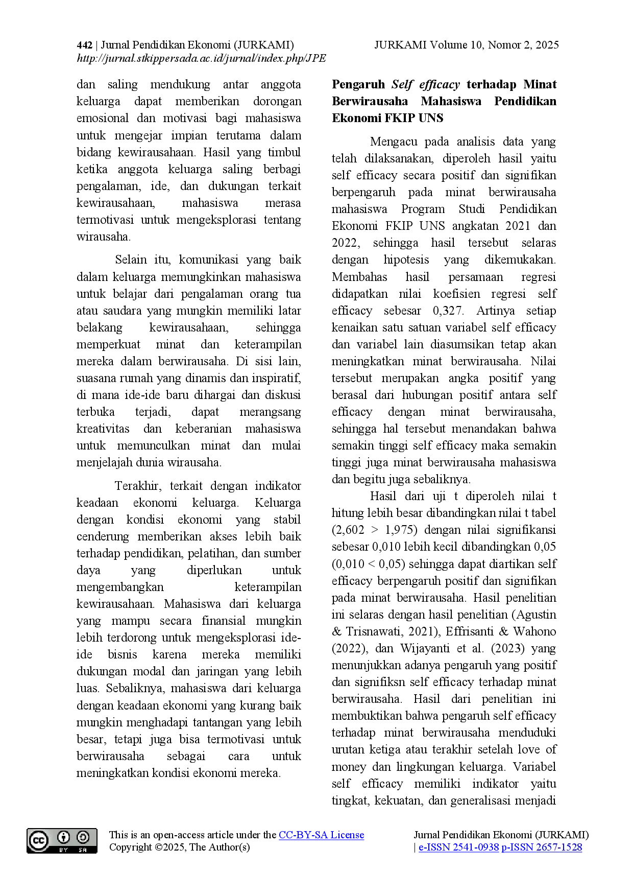 juris Pengaruh Love of Money Lingkungan Keluarga dan Self Efficacy terhadap Minat Berwirausaha Mahasiswa Pendidikan Ekonomi Universitas Sebelas Maret