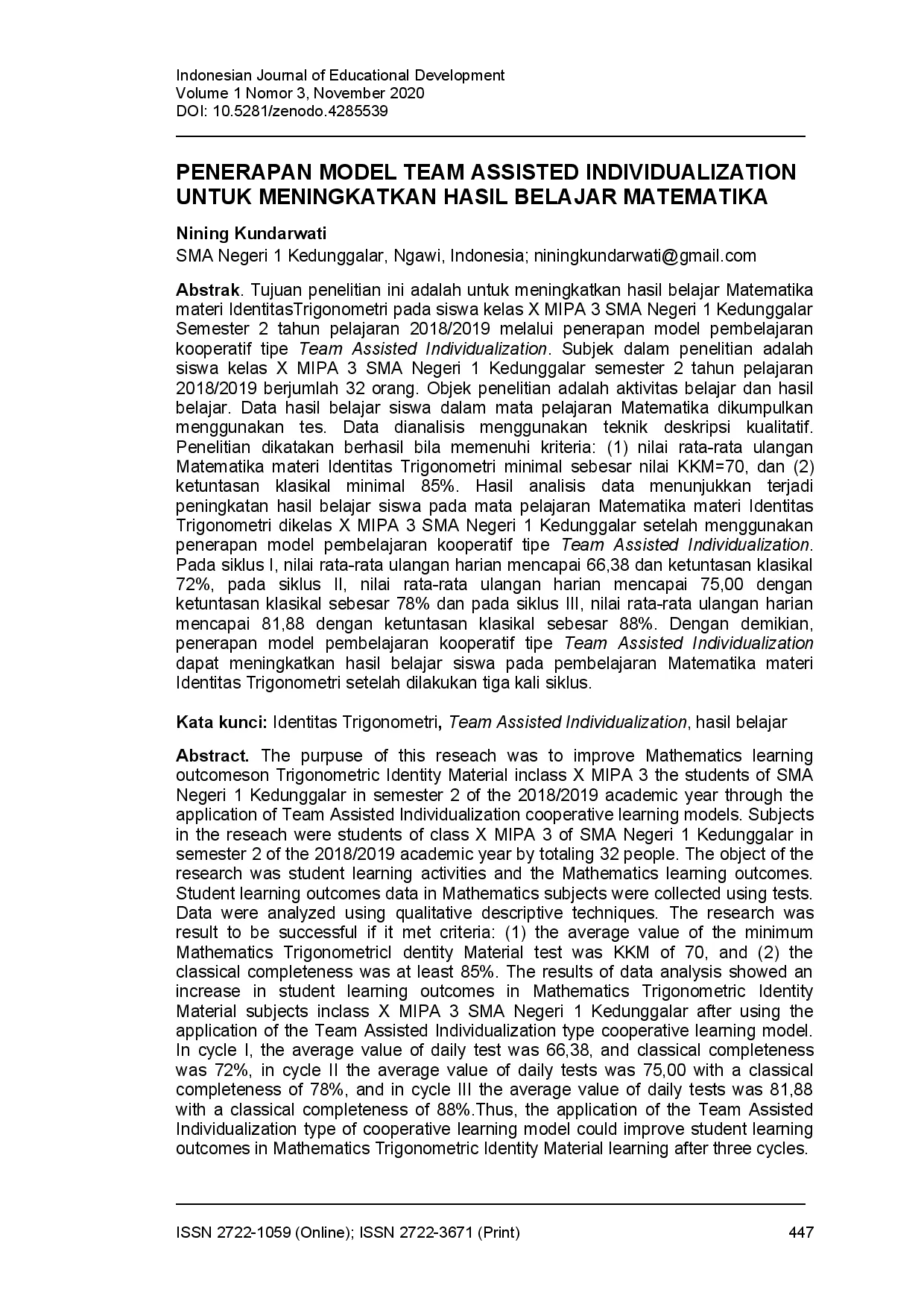 juris Penerapan model team assisted individualization untuk meningkatkan hasil belajar matematika