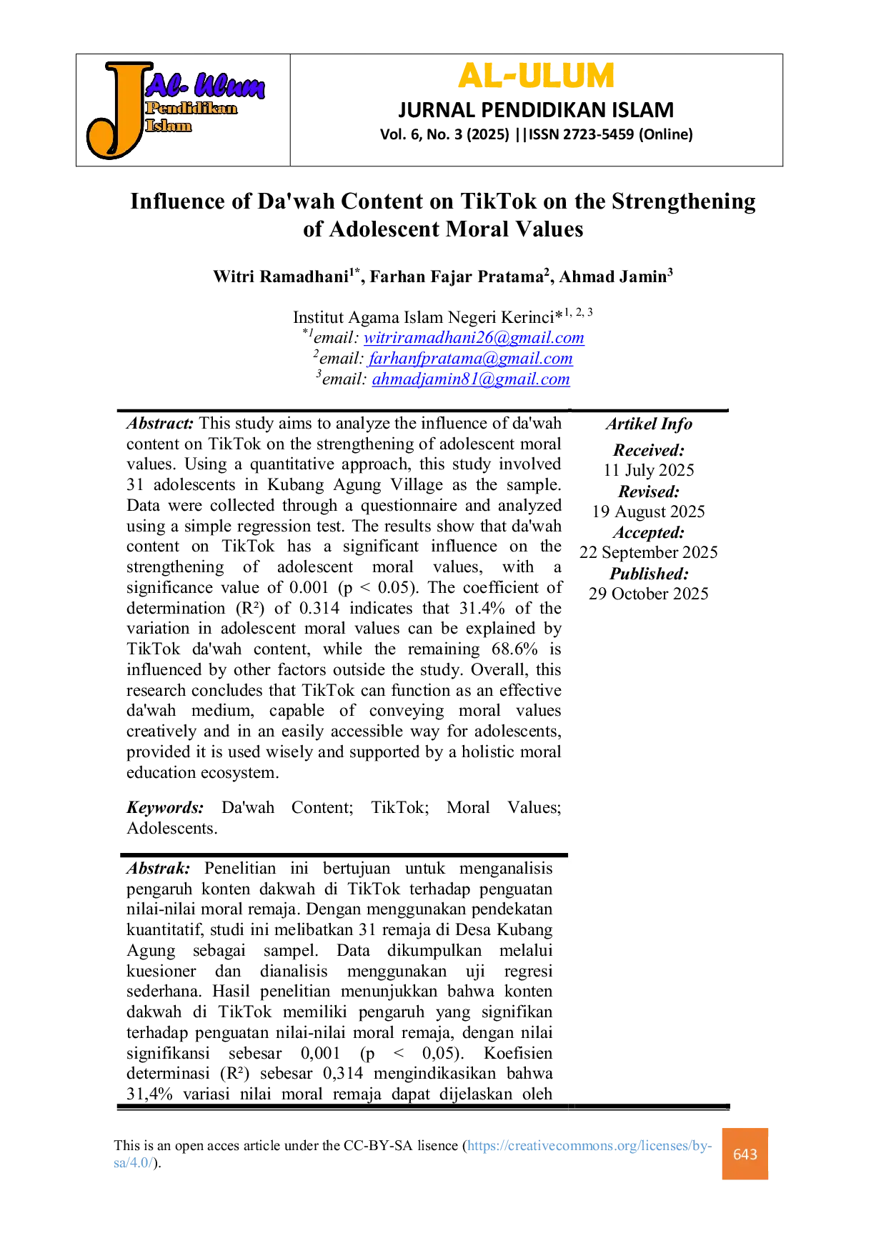 JURIS Influence of Da wah Content on TikTok on the Strengthening of Adolescent Moral Values