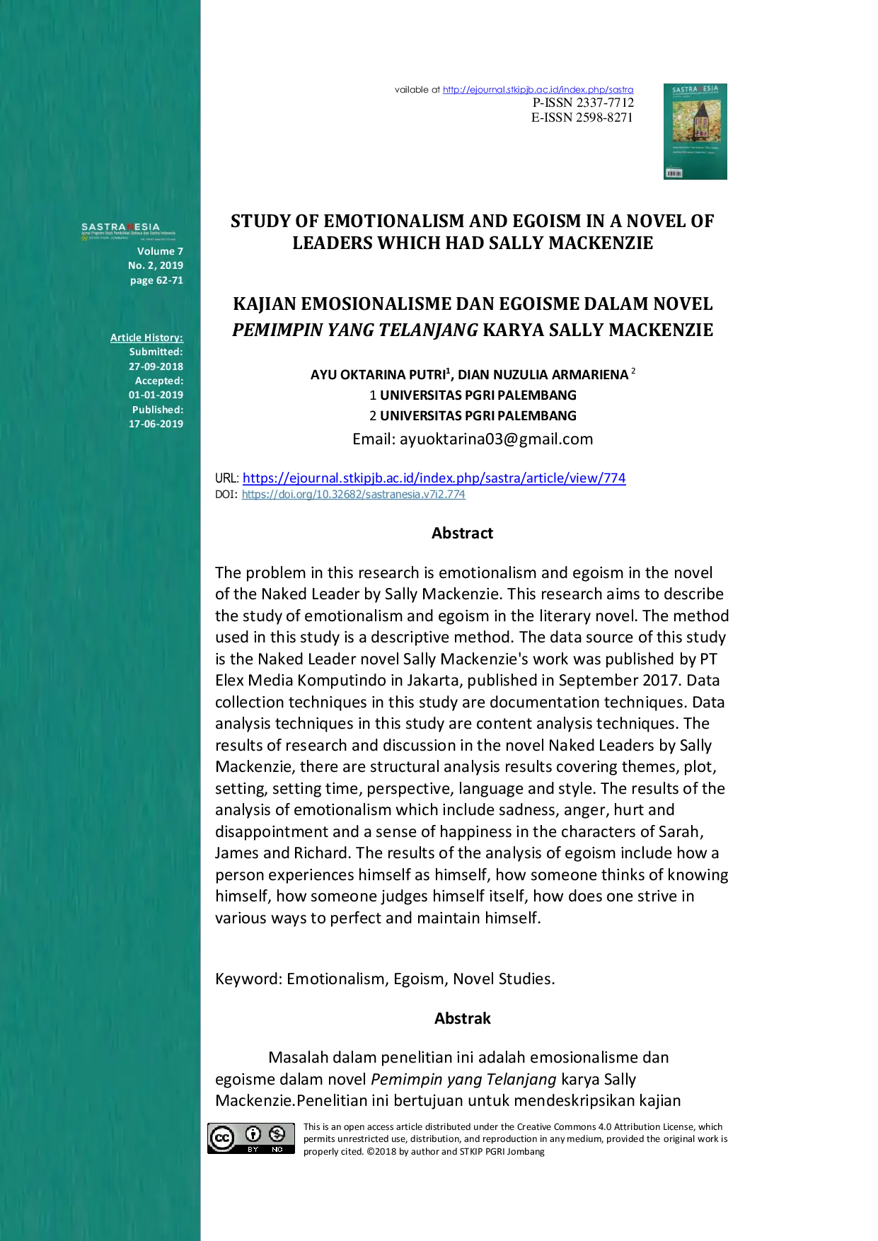 JURIS Kajian Emosionalisme Dan Egoisme Dalam Novel Pemimpin Yang Telanjang Karya Sally Mackenzie