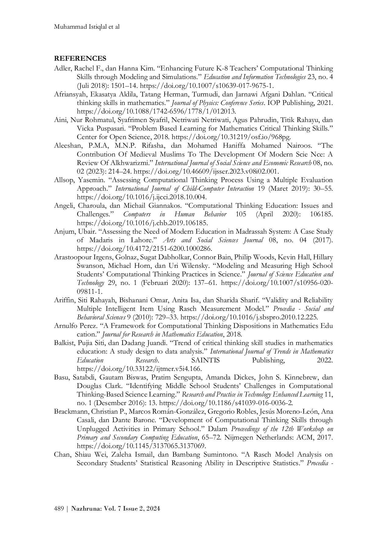 JURIS Construction of Mathematics Cognitive Test Instrument of Computational Thinking Model for Madrasah Aliyah Students