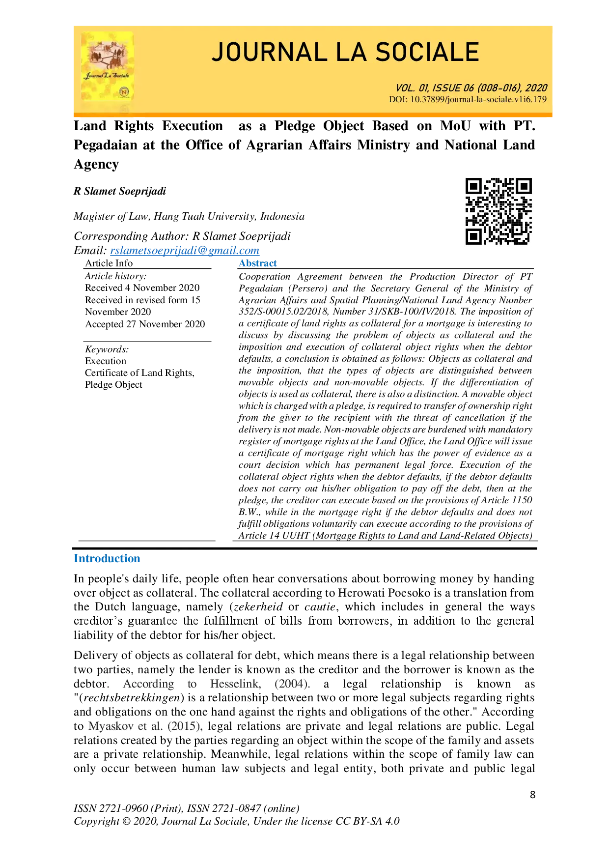 juris Land Rights Execution as a Pledge Object Based on MoU with PT Pegadaian at the Office of Agrarian Affairs Ministry and National Land Agency