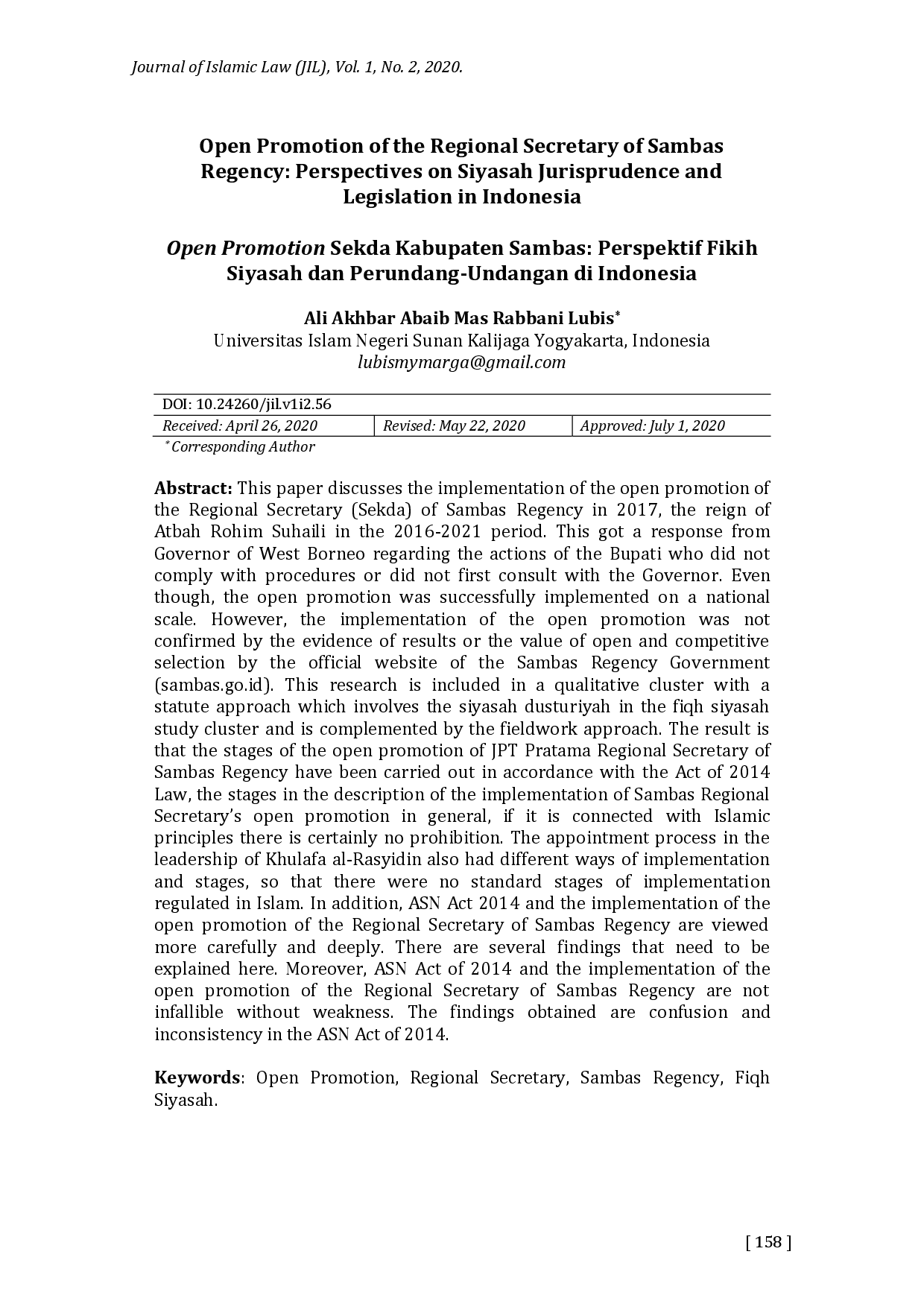 juris Open Promotion of the Regional Secretary of Sambas Regency Perspectives on Siyasah Jurisprudence and Legislation in Indonesia