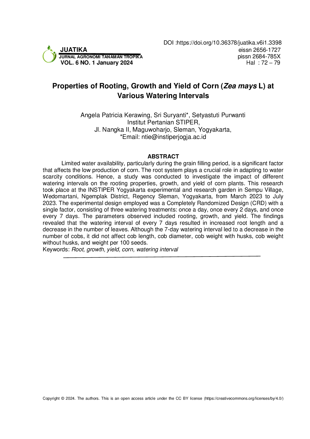 JURIS Properties of Rooting Growth and Yield of Corn Zea mays L at Various Watering Intervals