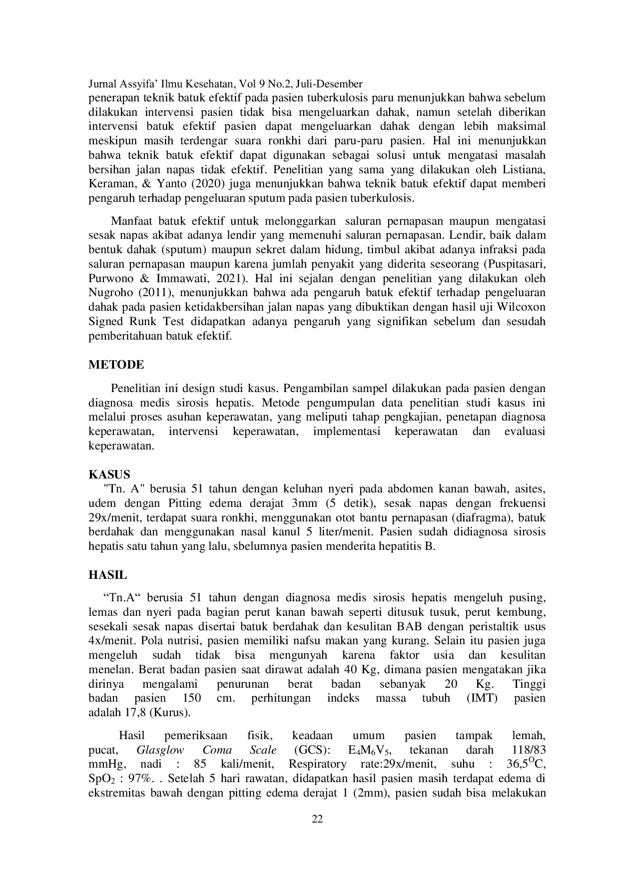 JURIS Penanganan Masalah Keperawatan Hipervolemia dan Bersihan Jalan Napas Tidak Efektif pada Pasien dengan Sirosis Hepatis Studi Kasus
