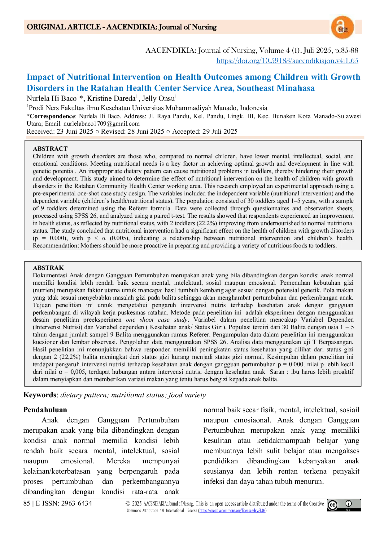 JURIS Impact of Nutritional Intervention on Health Outcomes among Children with Growth Disorders in the Ratahan Health Center Service Area Southeast Minahasa