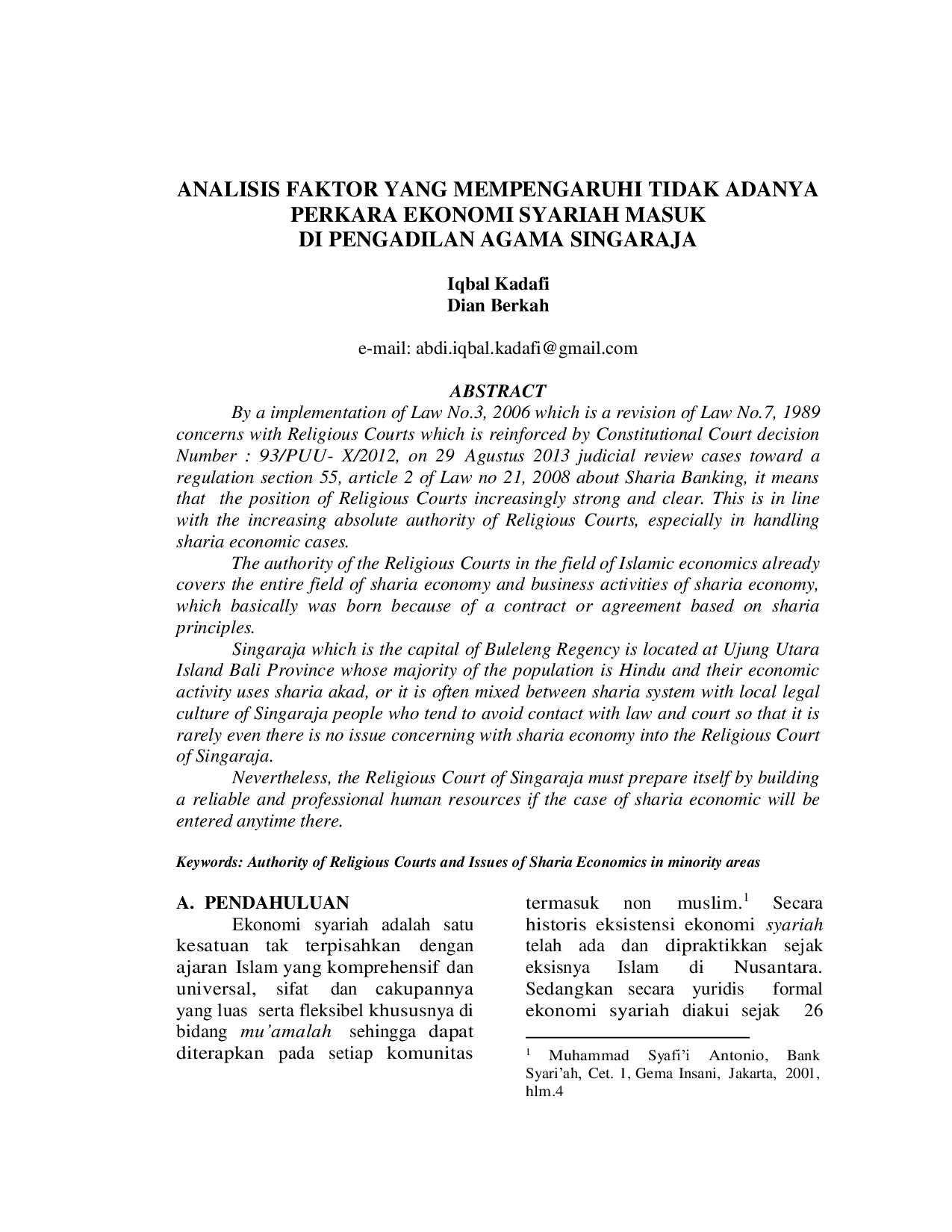 JURIS Analisis Faktor yang mempengaruhi tidak adanya Perkara Ekonomi Syariah masuk di Pengadilan Agama Singaraja