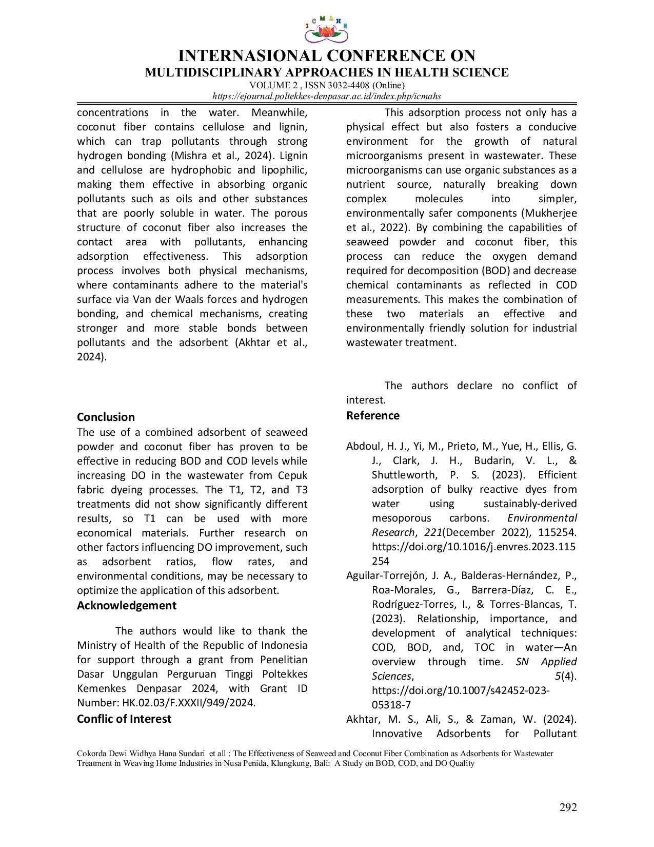 JURIS The Effectiveness of Seaweed and Coconut Fiber Combination as Adsorbents for Wastewater Treatment in Weaving Home Industries in Nusa Penida Klungkung Bali A Study on BOD COD and DO Quality