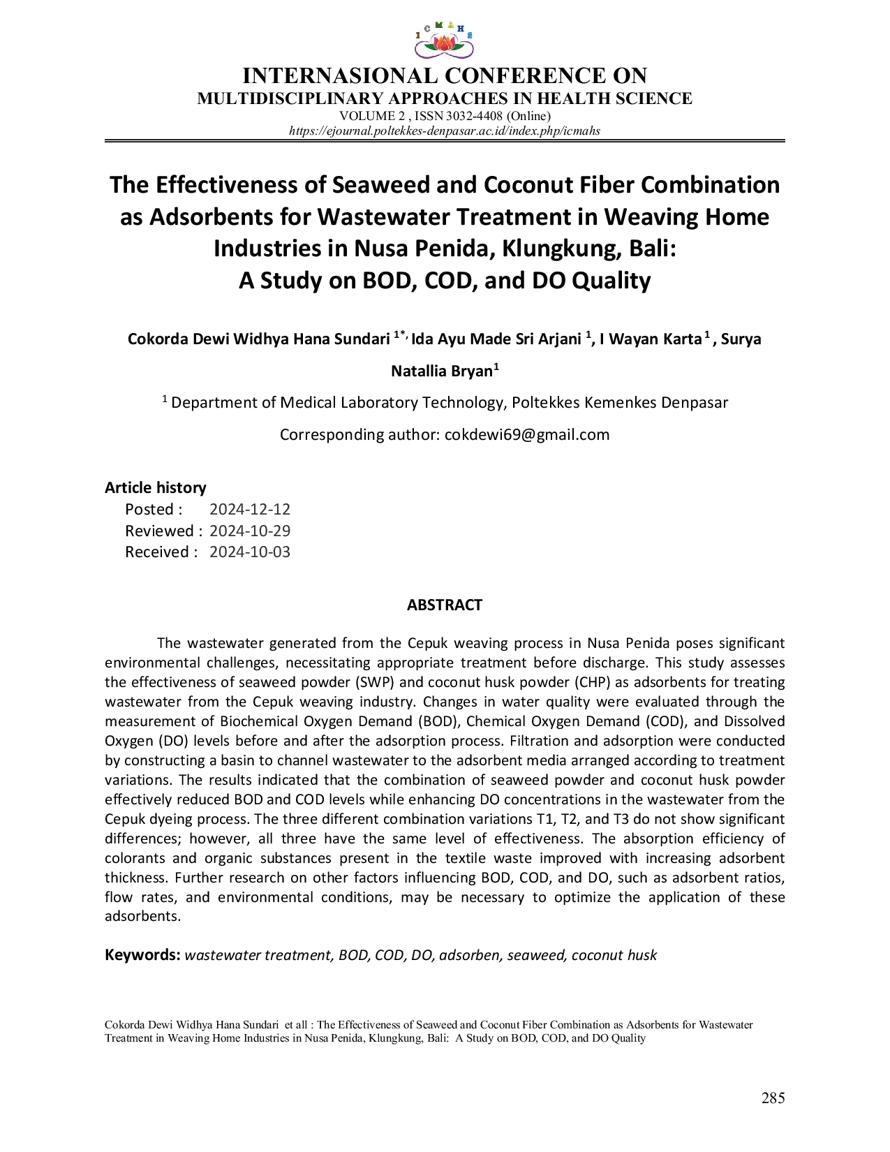 JURIS The Effectiveness of Seaweed and Coconut Fiber Combination as Adsorbents for Wastewater Treatment in Weaving Home Industries in Nusa Penida Klungkung Bali A Study on BOD COD and DO Quality