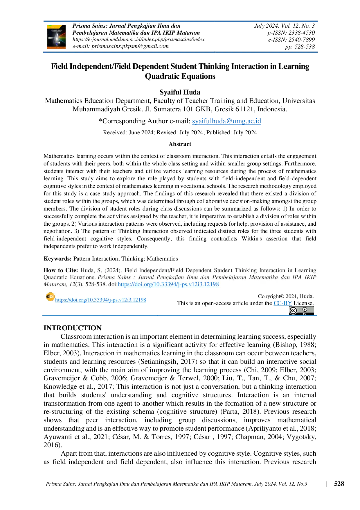 JURIS Field Independent Field Dependent Student Thinking Interaction in Learning Quadratic Equations