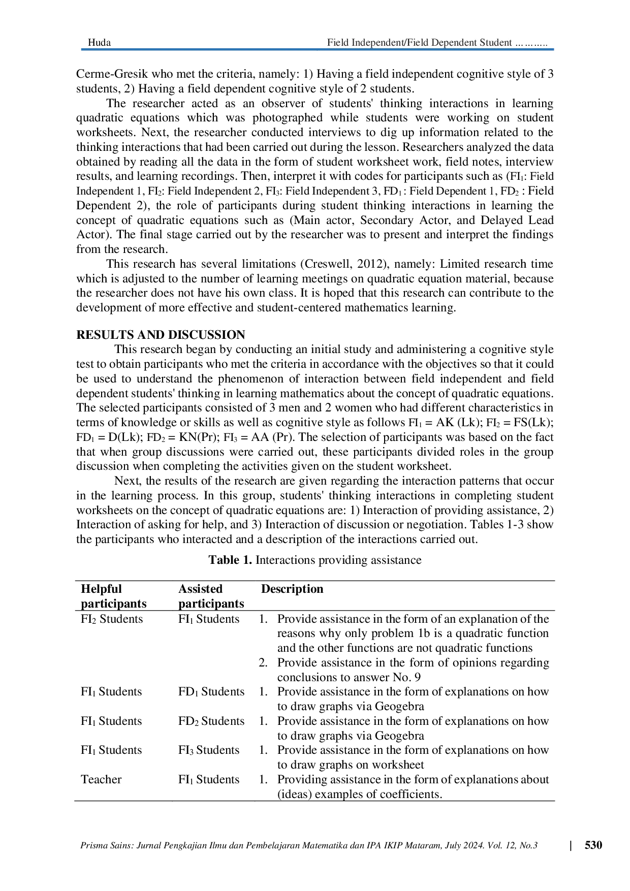 JURIS Field Independent Field Dependent Student Thinking Interaction in Learning Quadratic Equations