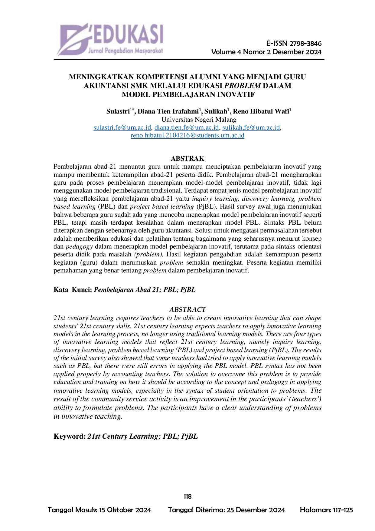 JURIS Meningkatkan Kompetensi Alumni yang Menjadi Guru Akuntansi SMK Melalui Edukasi Problem dalam Model Pembelajaran Inovatif